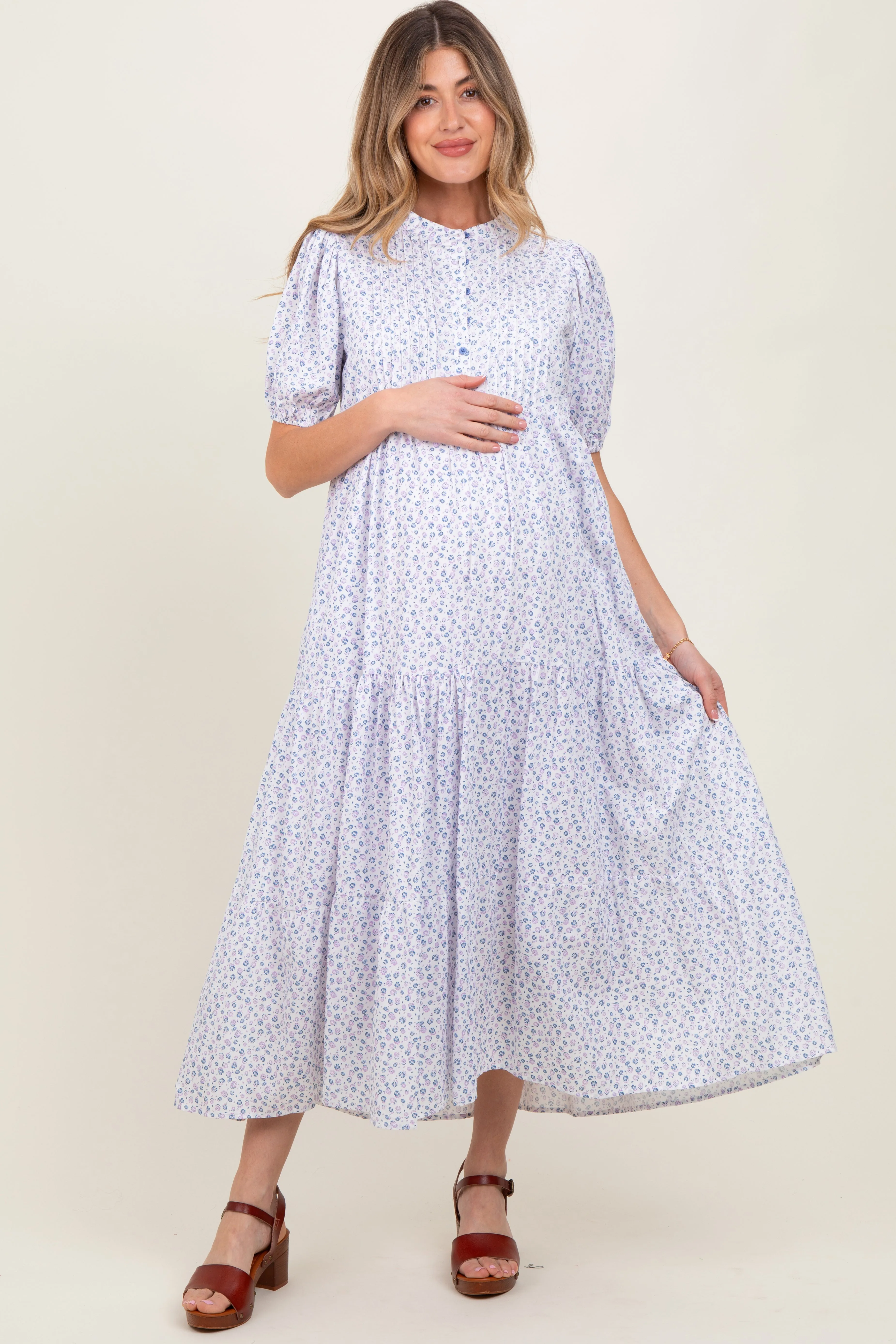 Blue Iris Floral Button Maternity Maxi Dress sold by Pinkblush