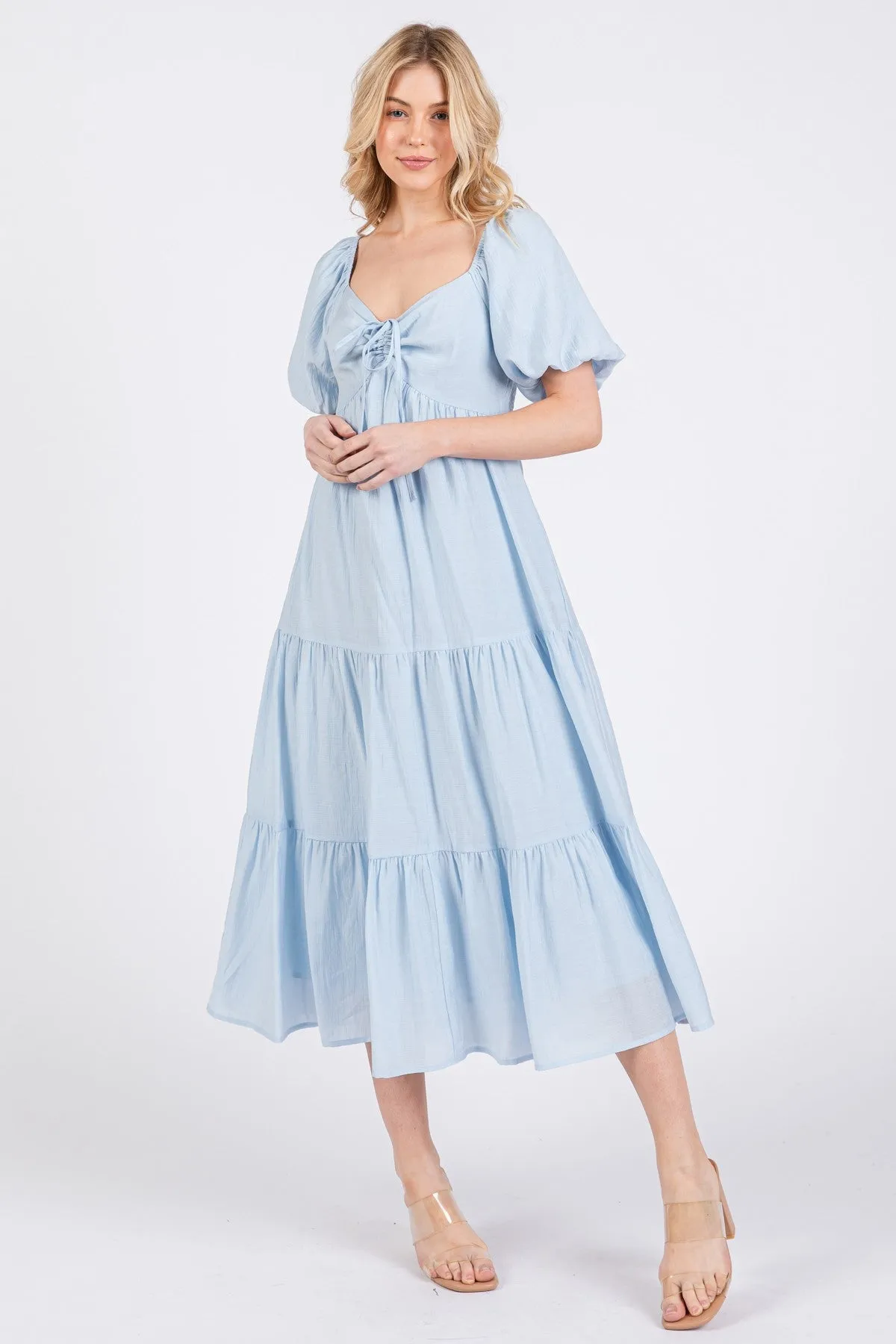 Light Blue Cinched Front Tie Puff Sleeve Maternity Midi Dress sold by Pinkblush product image thumbnail 4
