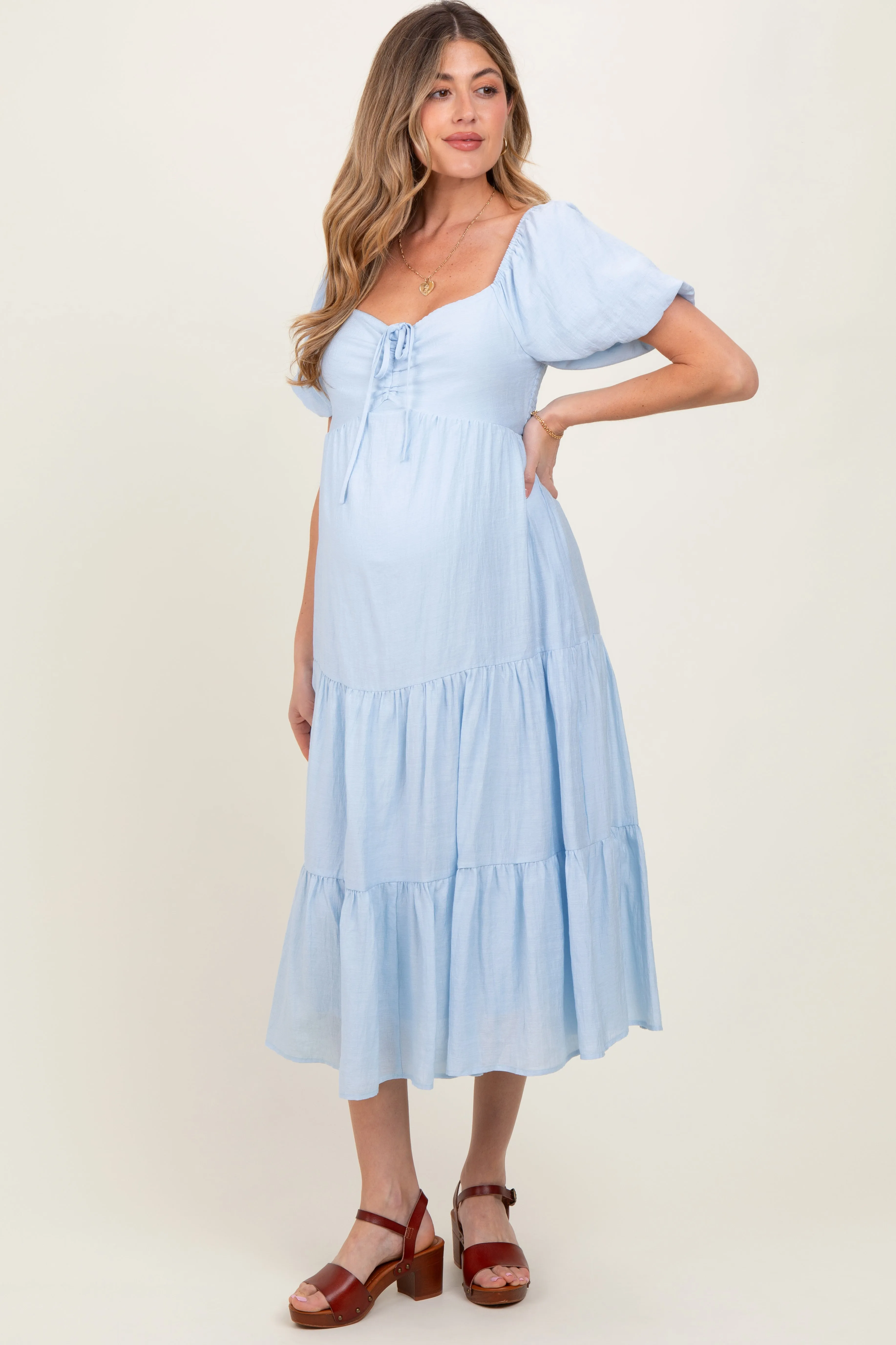 Light Blue Cinched Front Tie Puff Sleeve Maternity Midi Dress sold by Pinkblush