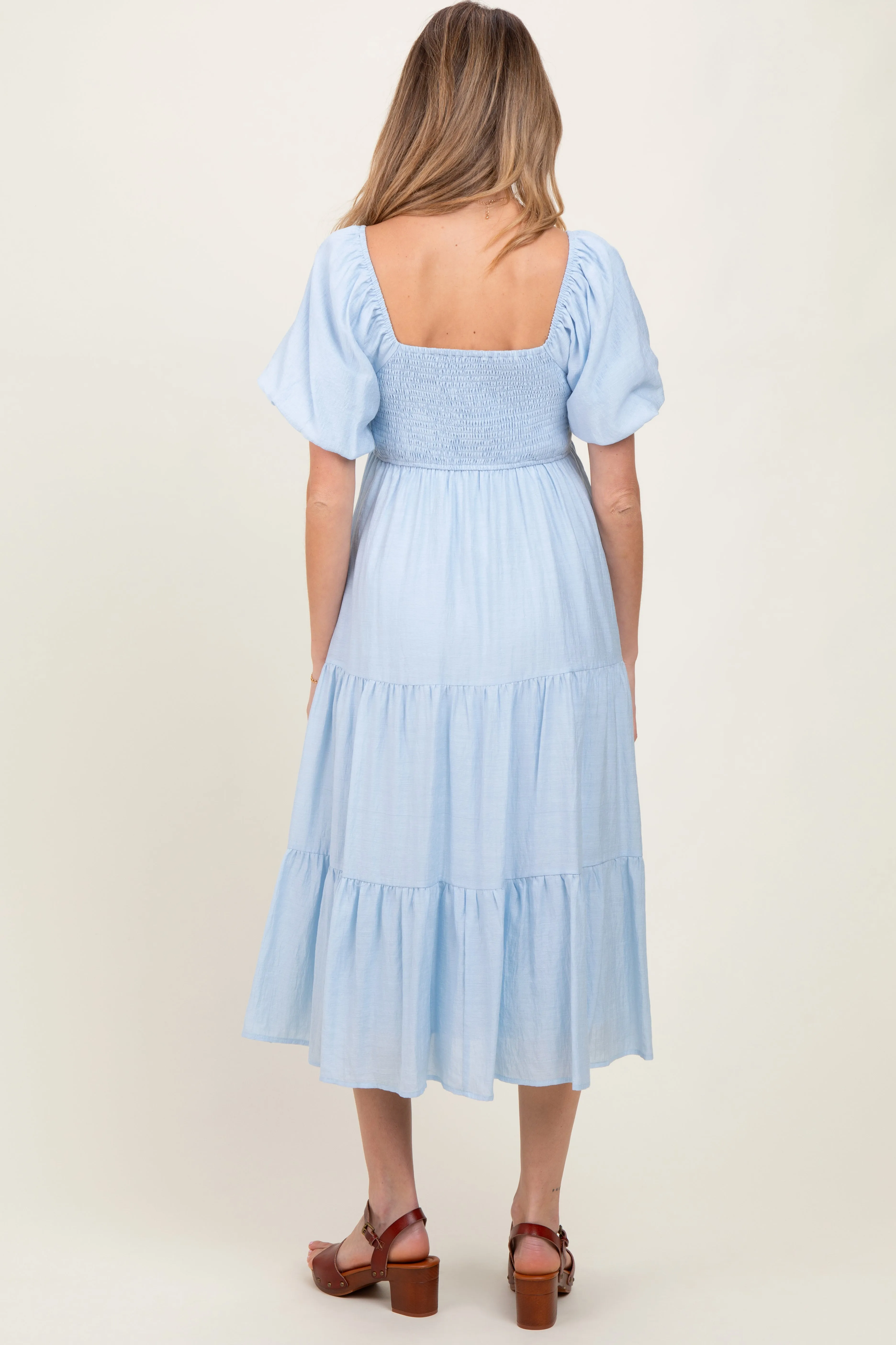 Light Blue Cinched Front Tie Puff Sleeve Maternity Midi Dress sold by Pinkblush product image thumbnail 3