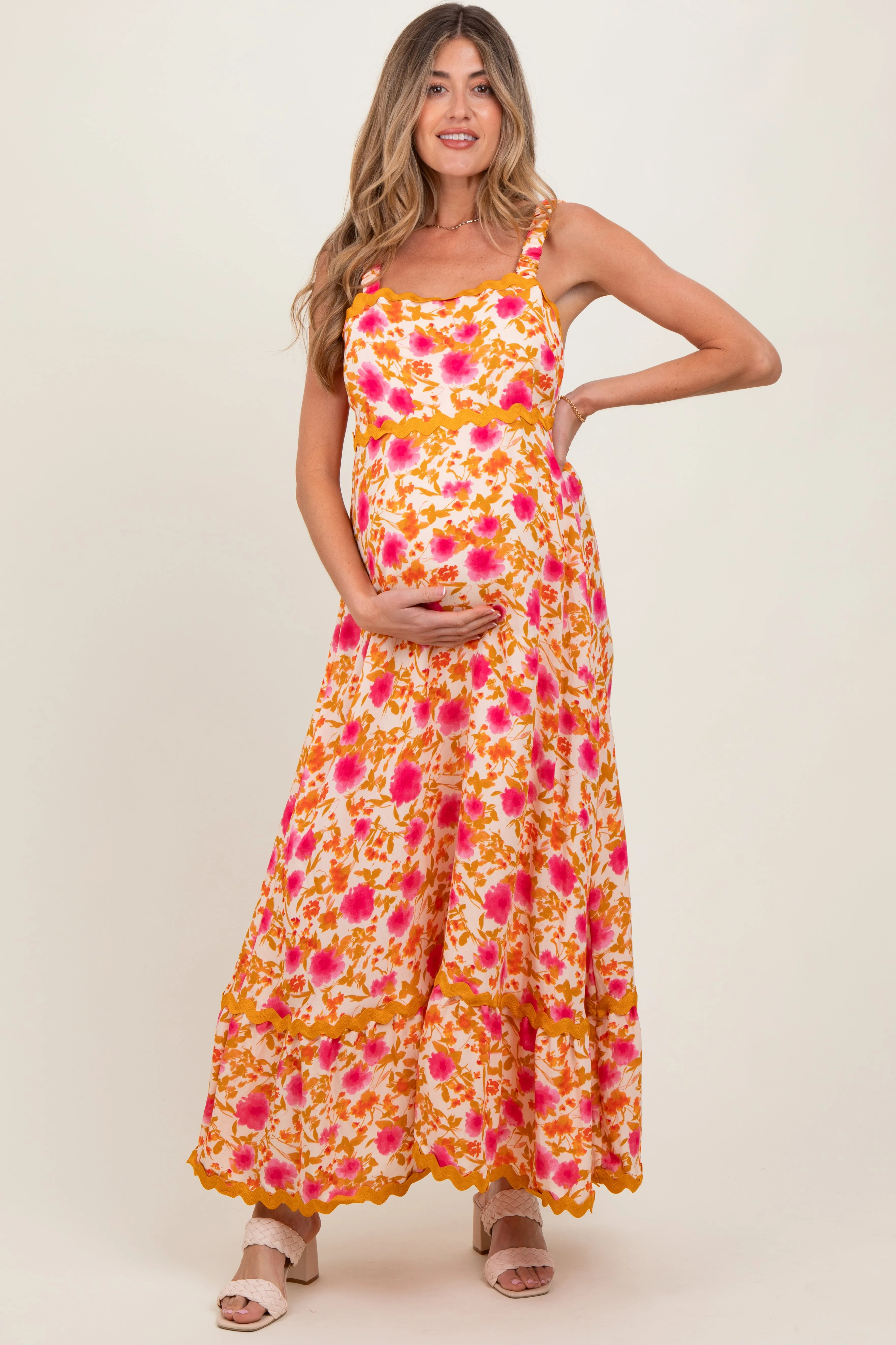 Peach Floral Contrast Wavy Trim Maternity Maxi Dress sold by Pinkblush product image thumbnail 2