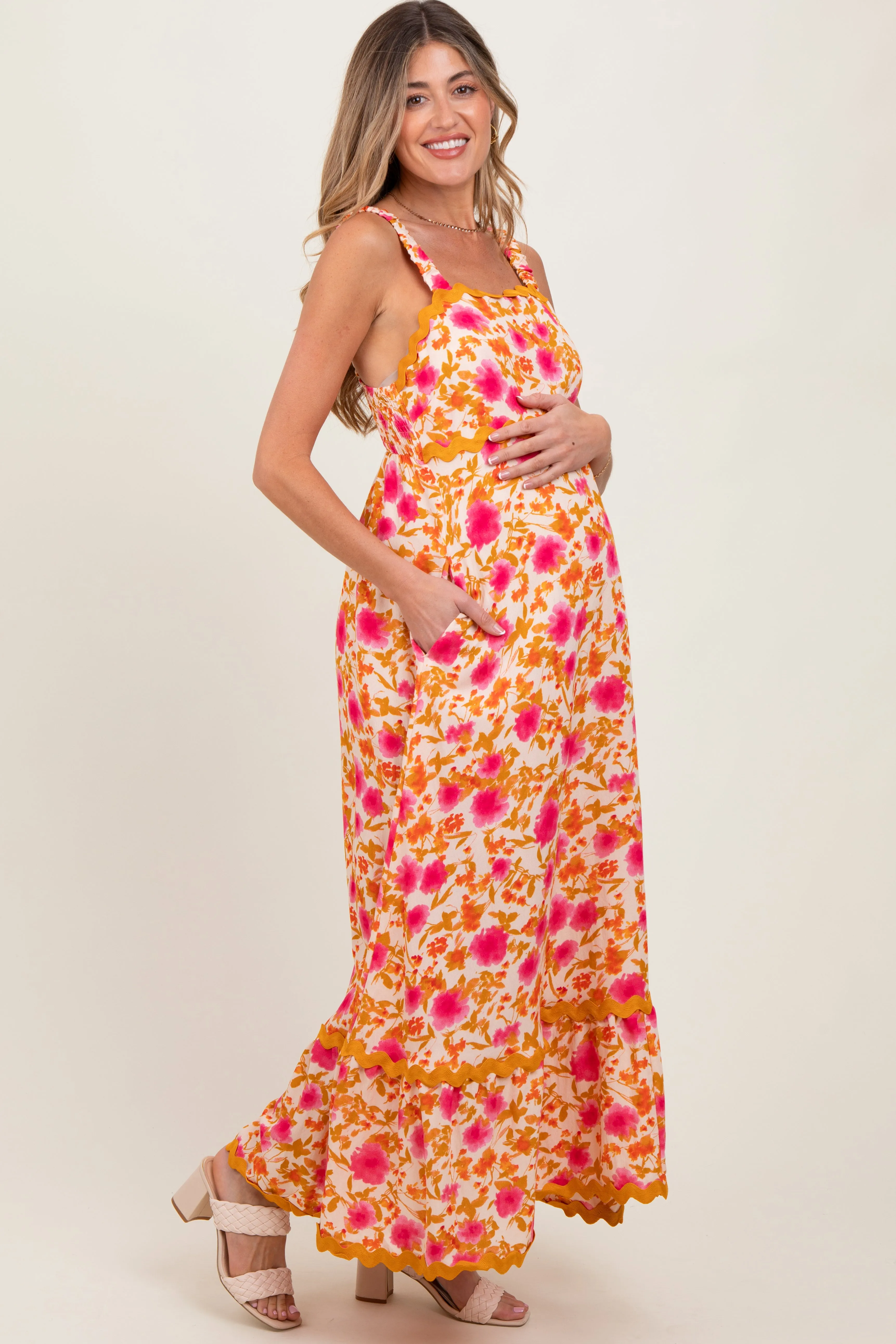 Peach Floral Contrast Wavy Trim Maternity Maxi Dress sold by Pinkblush product image thumbnail 3