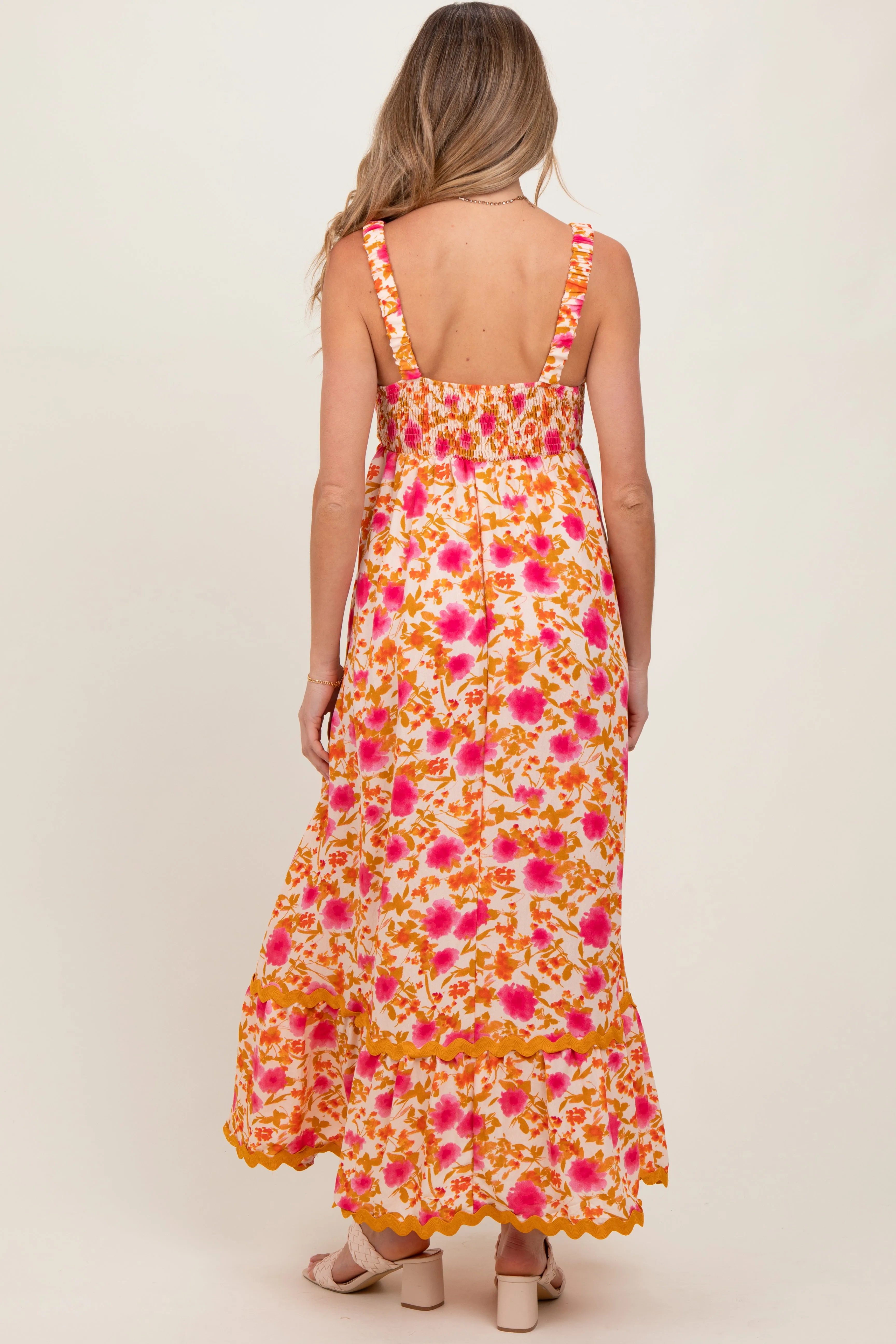 Peach Floral Contrast Wavy Trim Maternity Maxi Dress sold by Pinkblush product image thumbnail 4