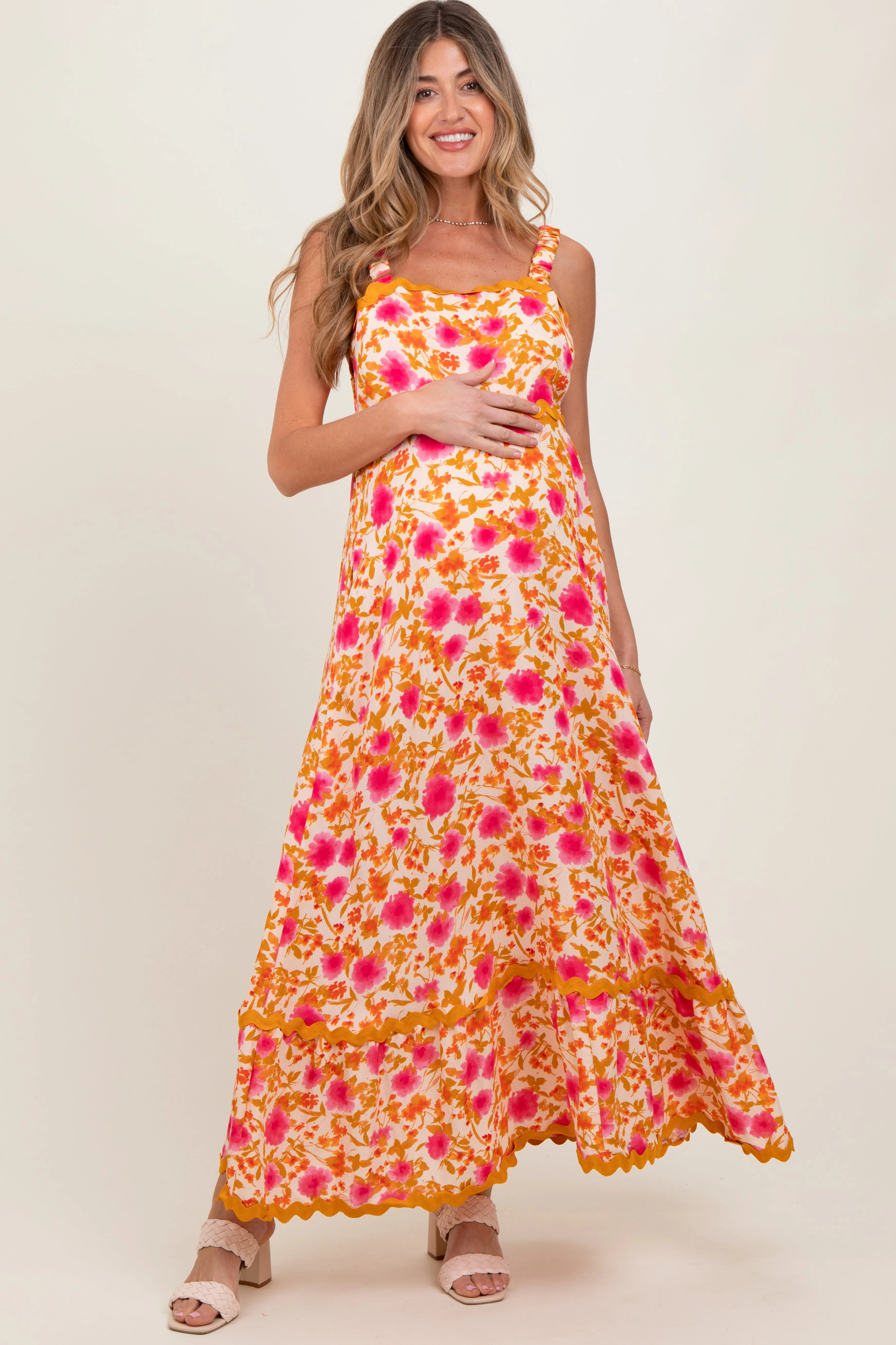 Peach Floral Contrast Wavy Trim Maternity Maxi Dress sold by Pinkblush