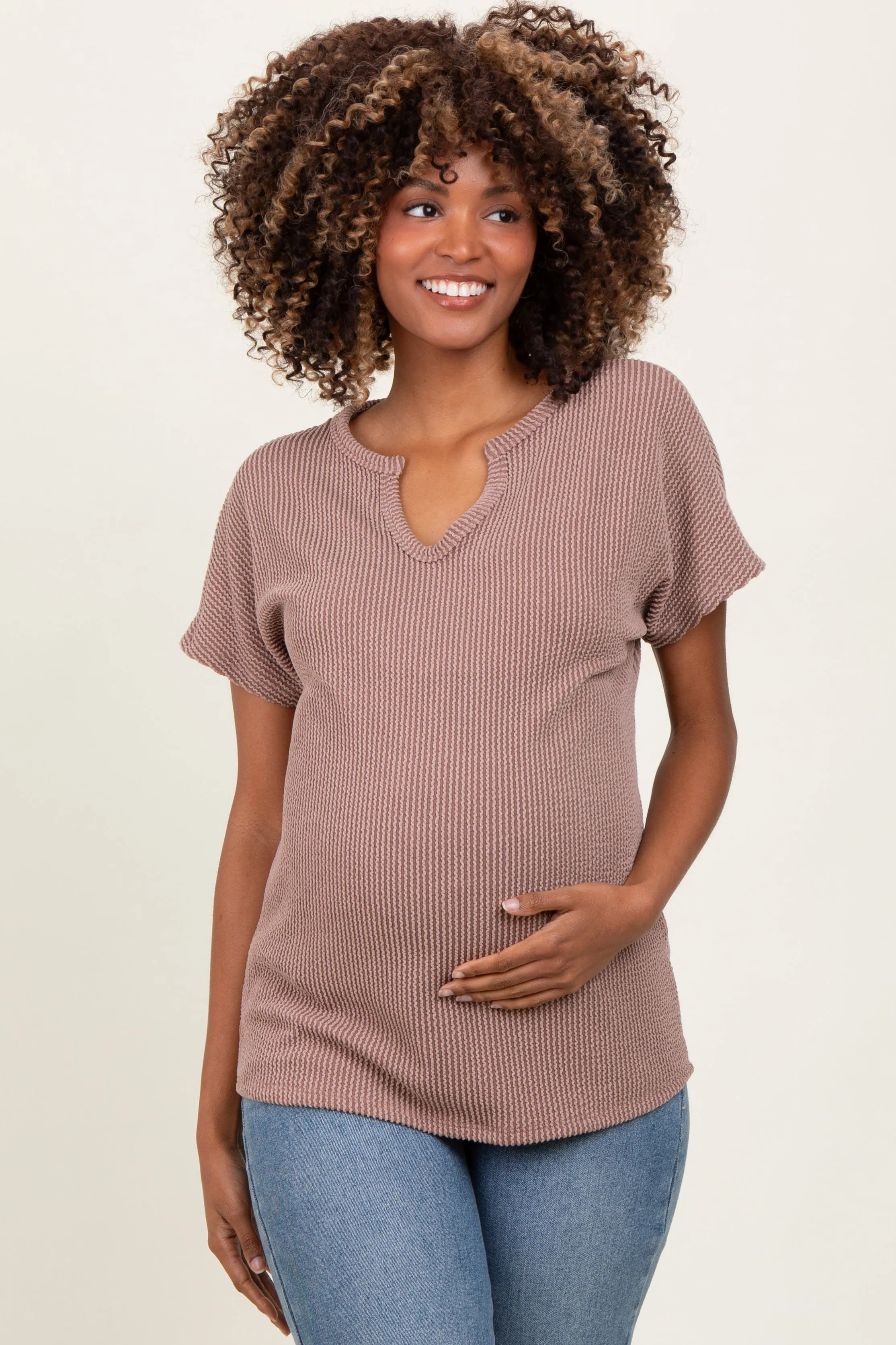 Mocha Ribbed Notched Neckline Maternity Top sold by Pinkblush