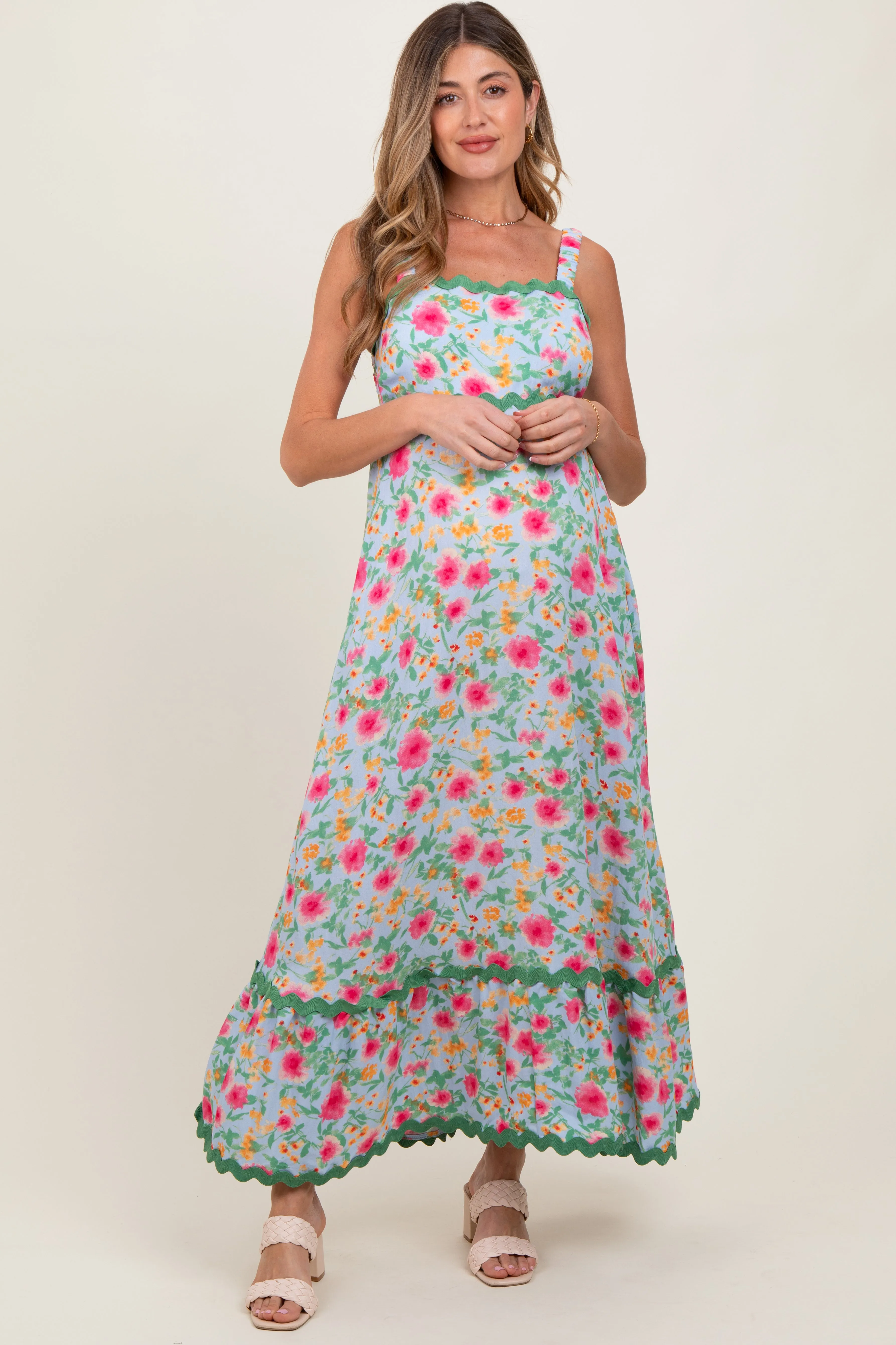 Blue Floral Contrast Wavy Trim Maternity Maxi Dress sold by Pinkblush