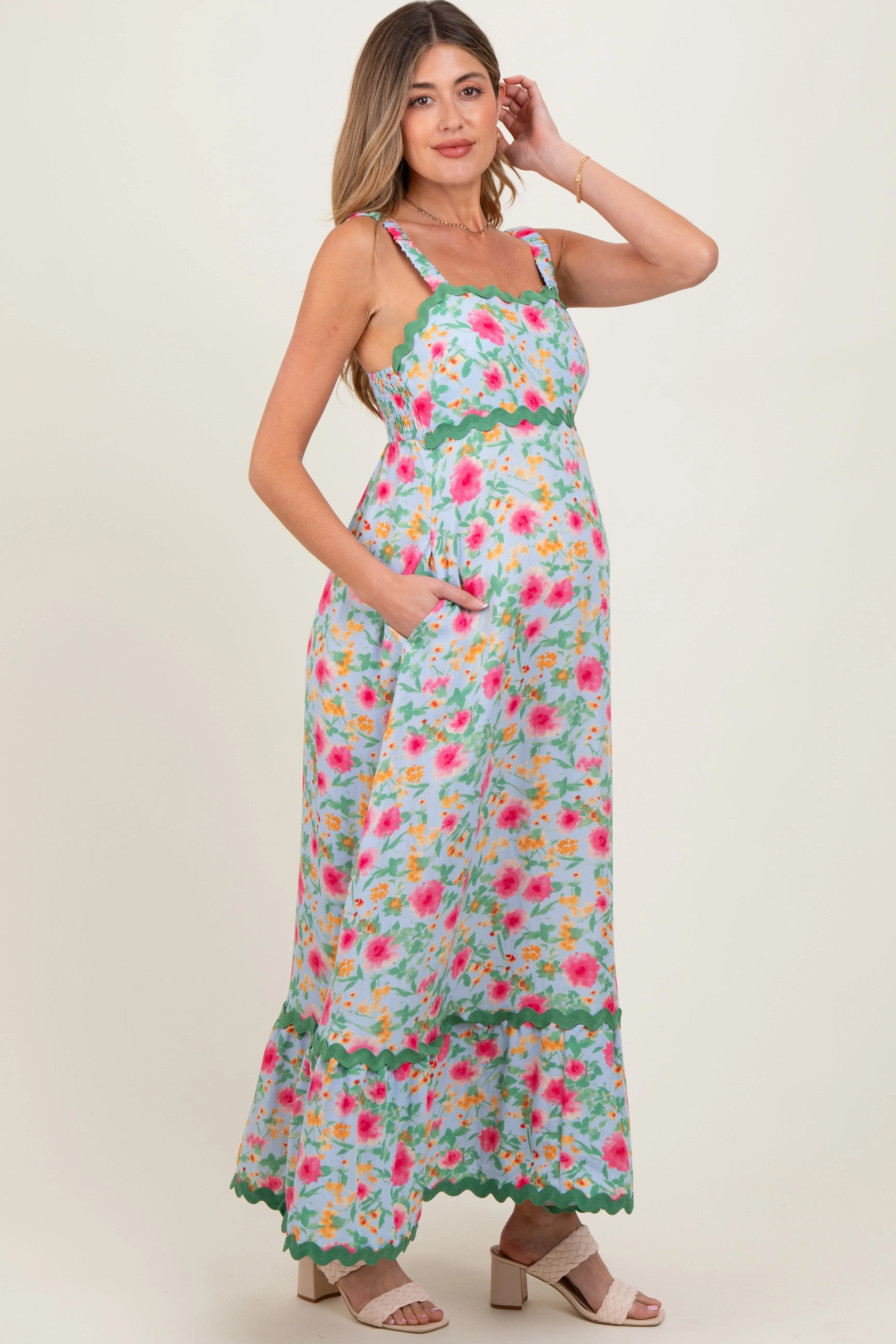 Blue Floral Contrast Wavy Trim Maternity Maxi Dress sold by Pinkblush product image thumbnail 2