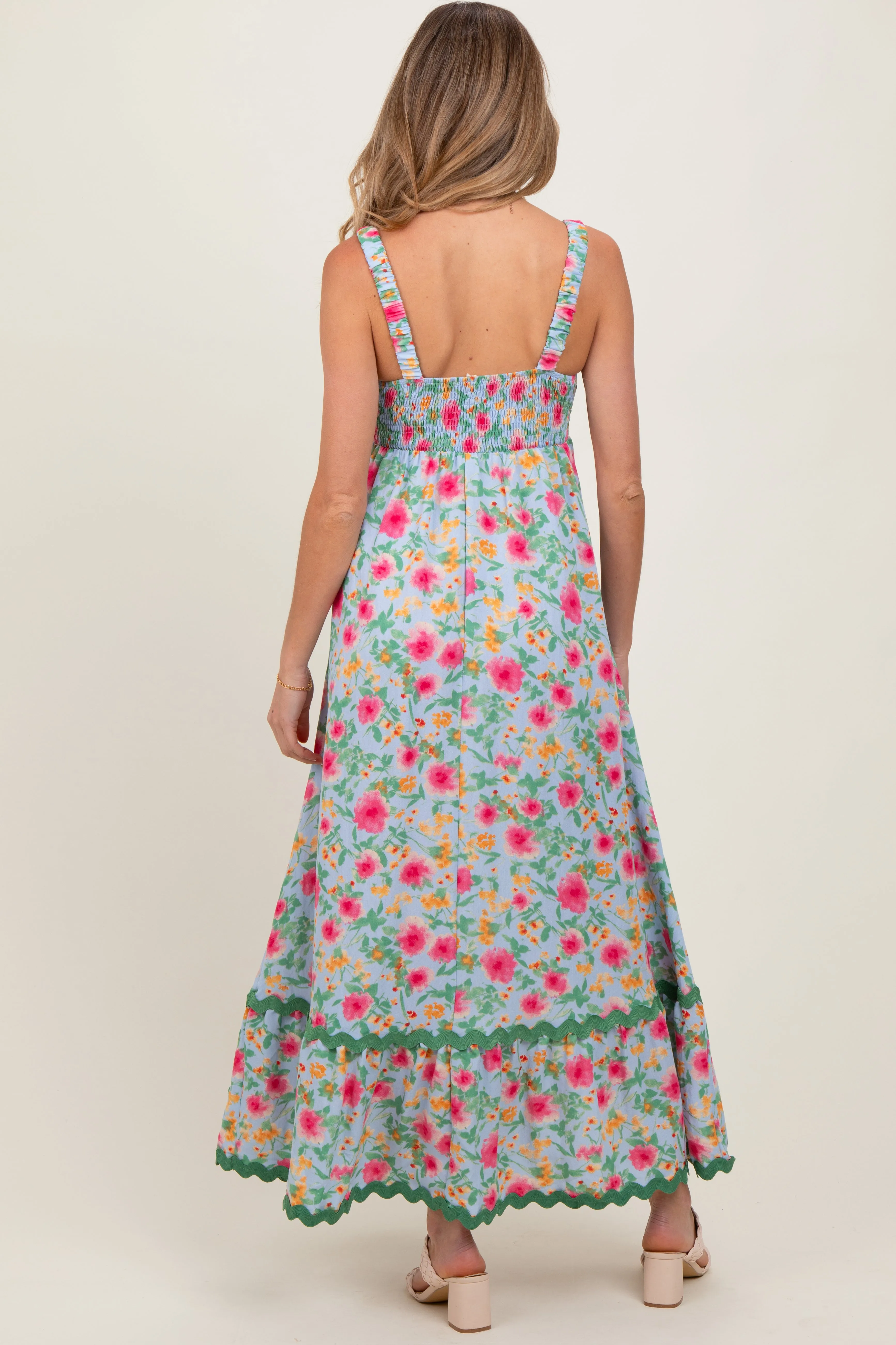 Blue Floral Contrast Wavy Trim Maternity Maxi Dress sold by Pinkblush product image thumbnail 3