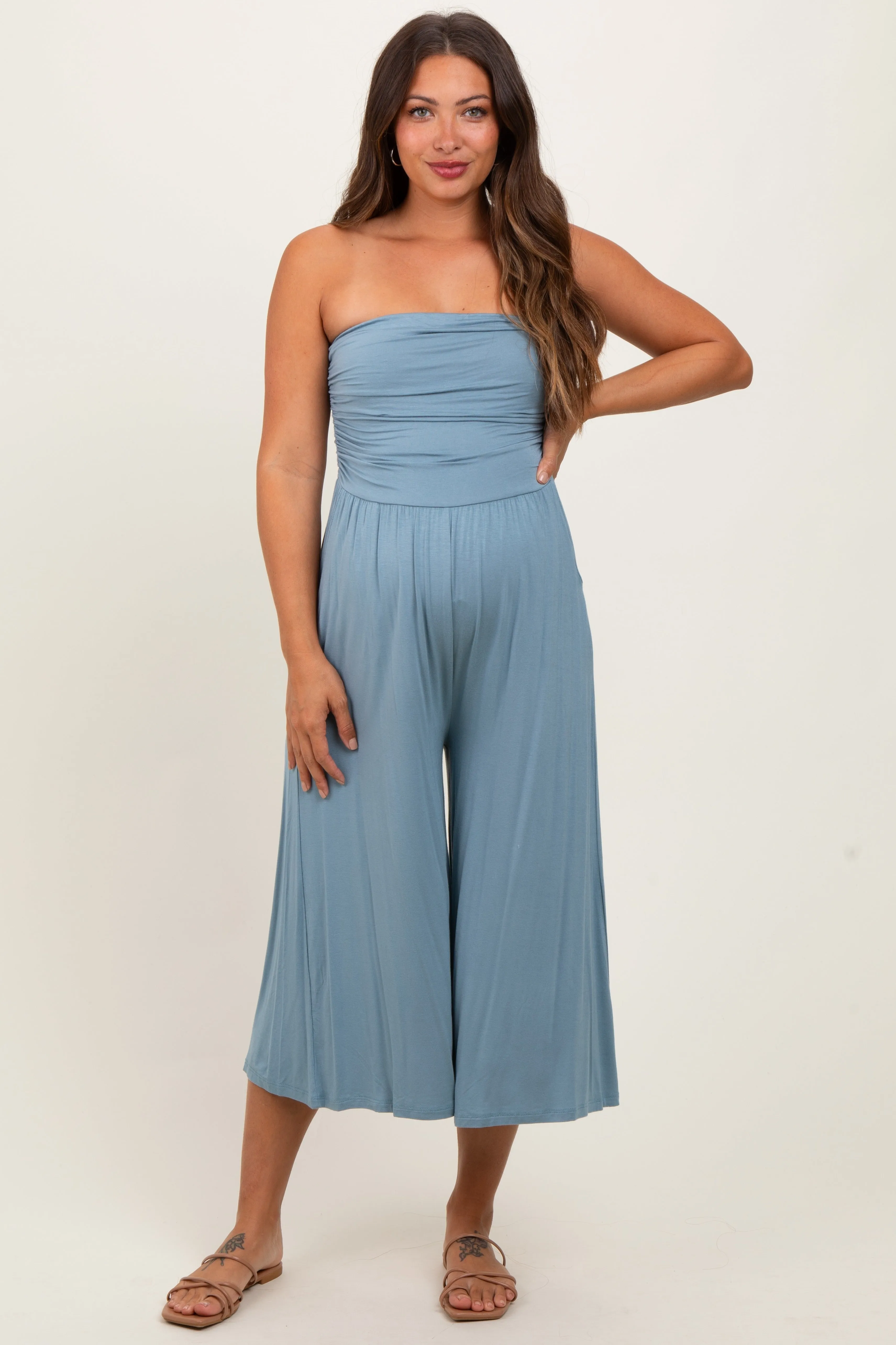 Light Blue Double Layered Strapless Tube Top Maternity Jumpsuit sold by Pinkblush product image thumbnail 2