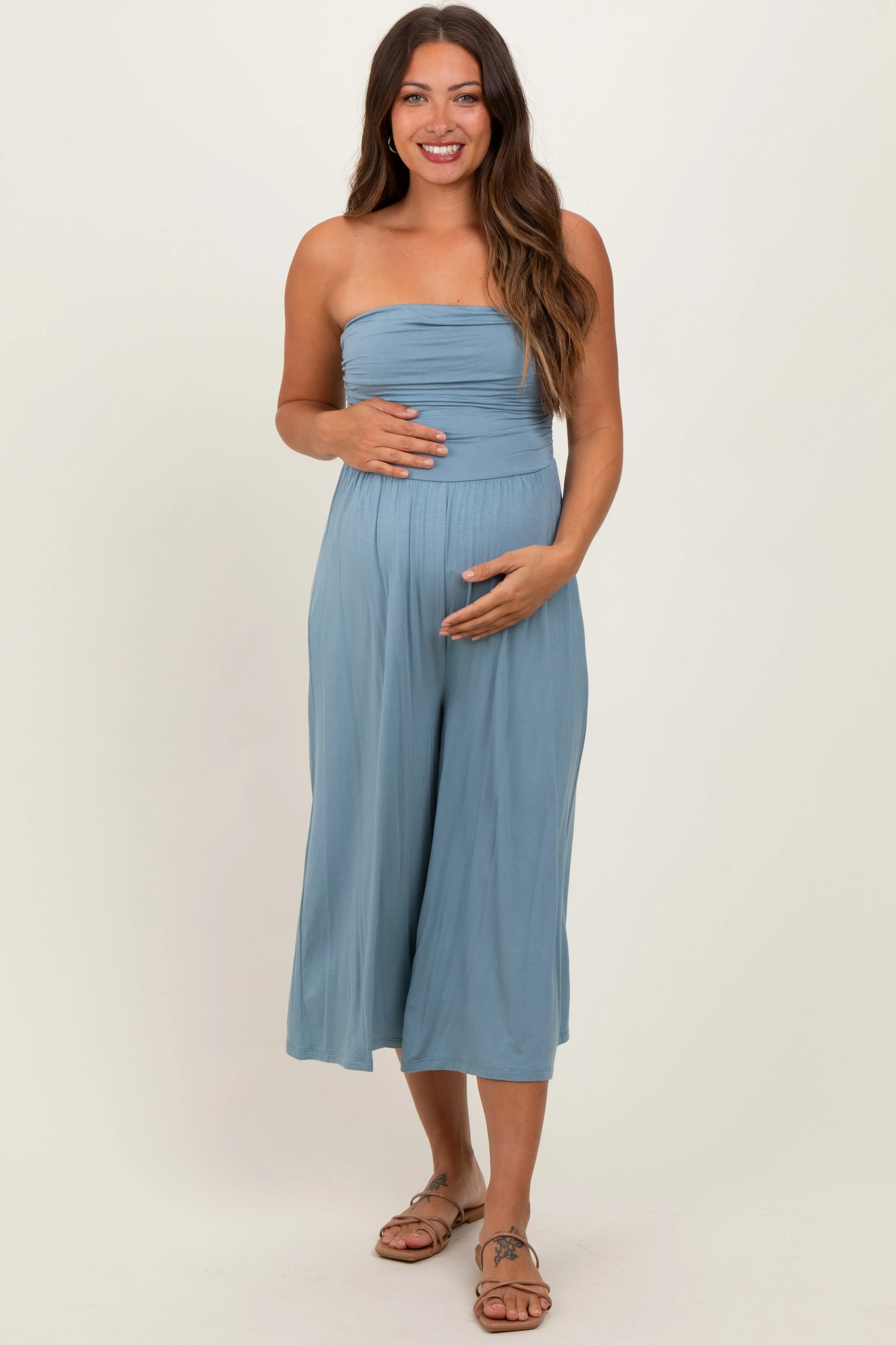 Light Blue Double Layered Strapless Tube Top Maternity Jumpsuit sold by Pinkblush