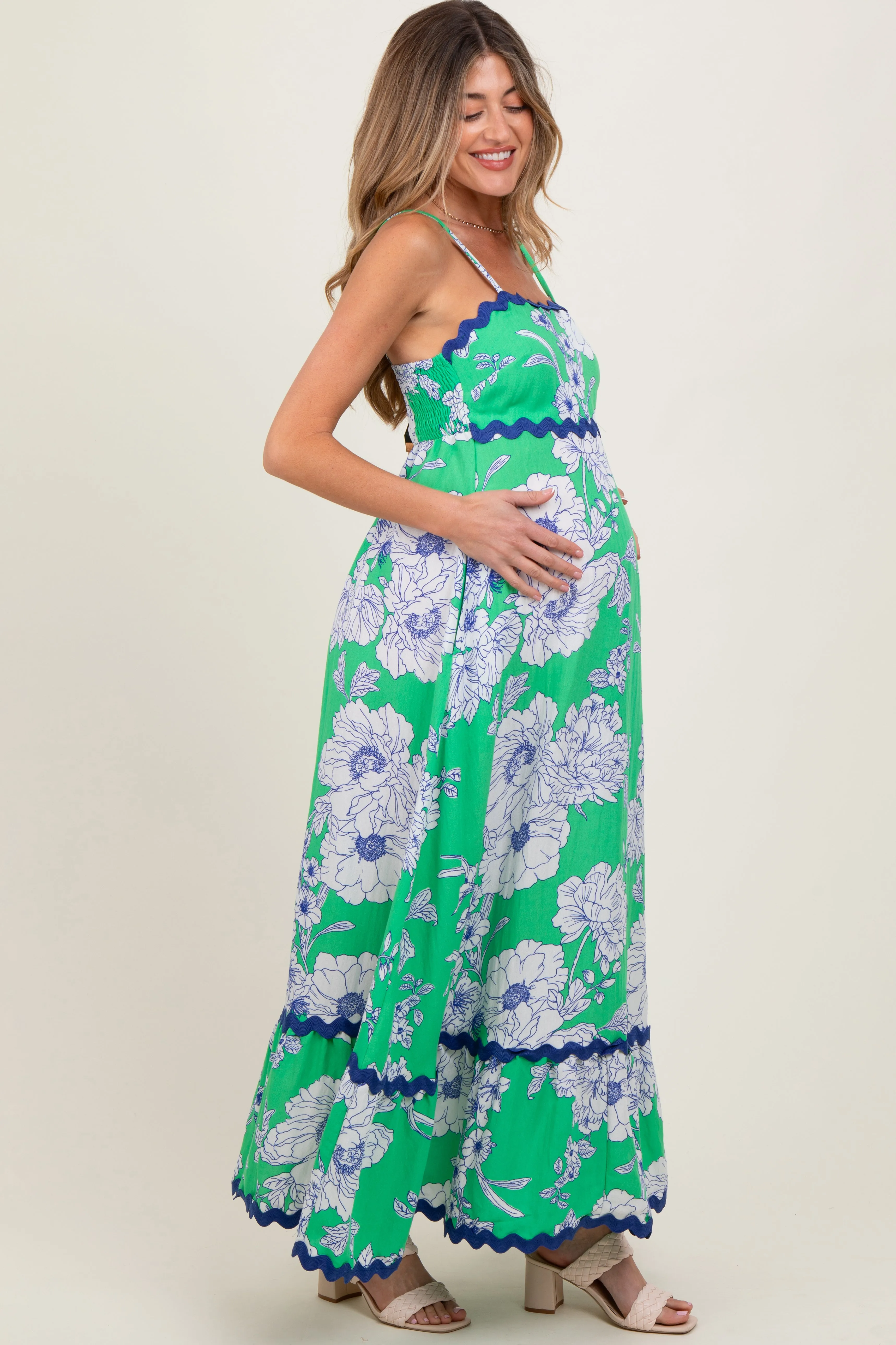 Mint Green Floral Wavy Trim Maternity Maxi Dress sold by Pinkblush product image thumbnail 2