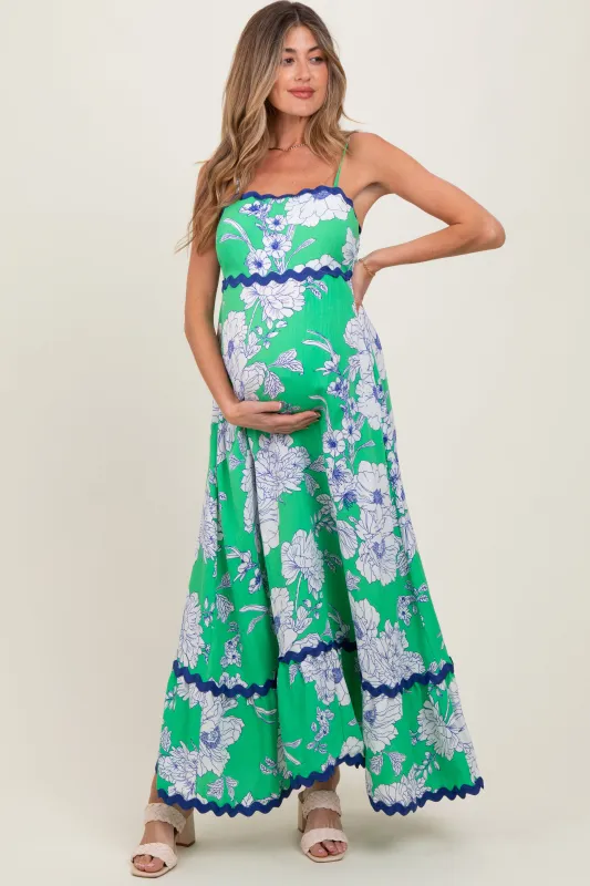 Mint Green Floral Wavy Trim Maternity Maxi Dress sold by Pinkblush