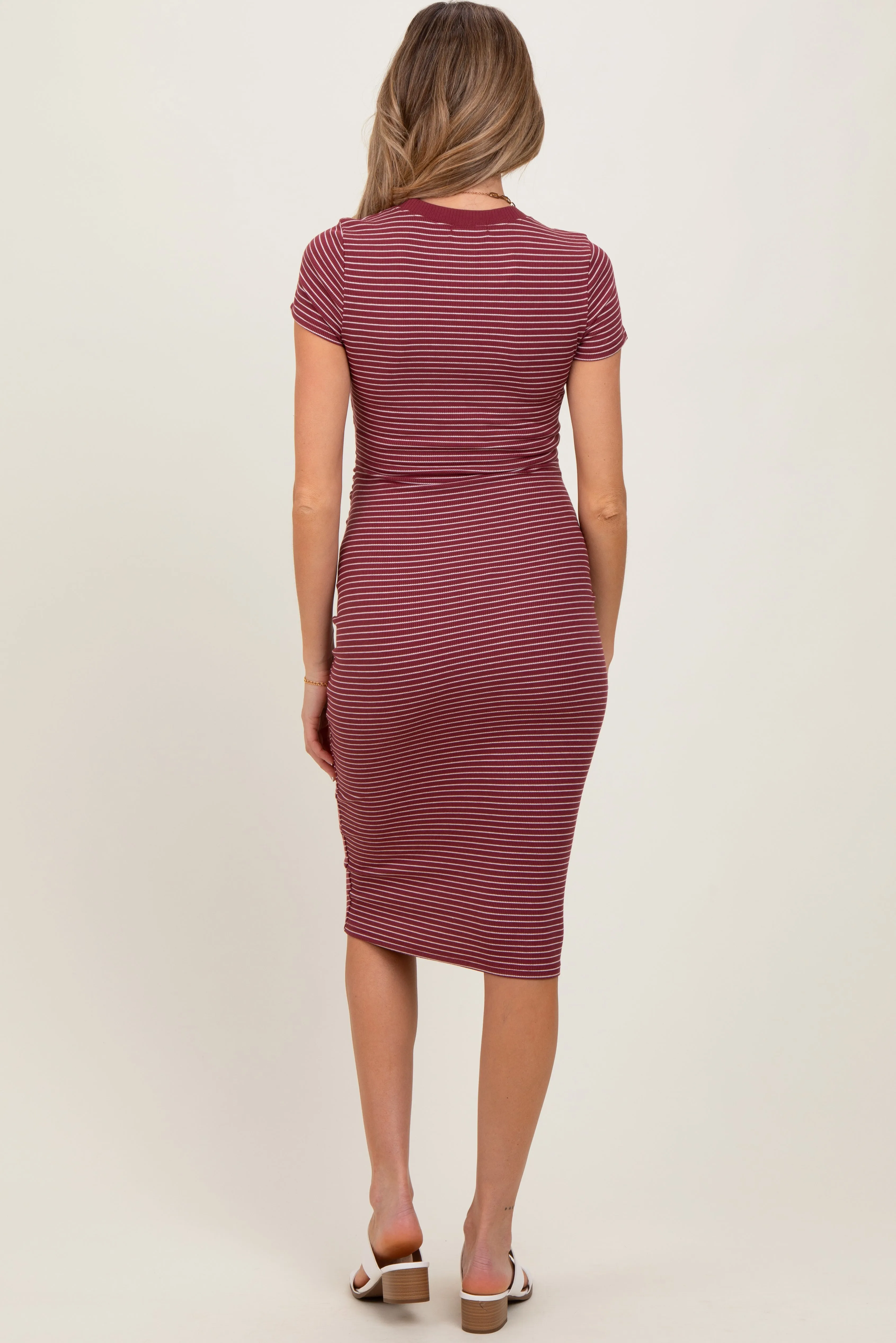 Burgundy Asymmetrical Ruched T-Shirt Maternity Dress sold by Pinkblush product image thumbnail 2