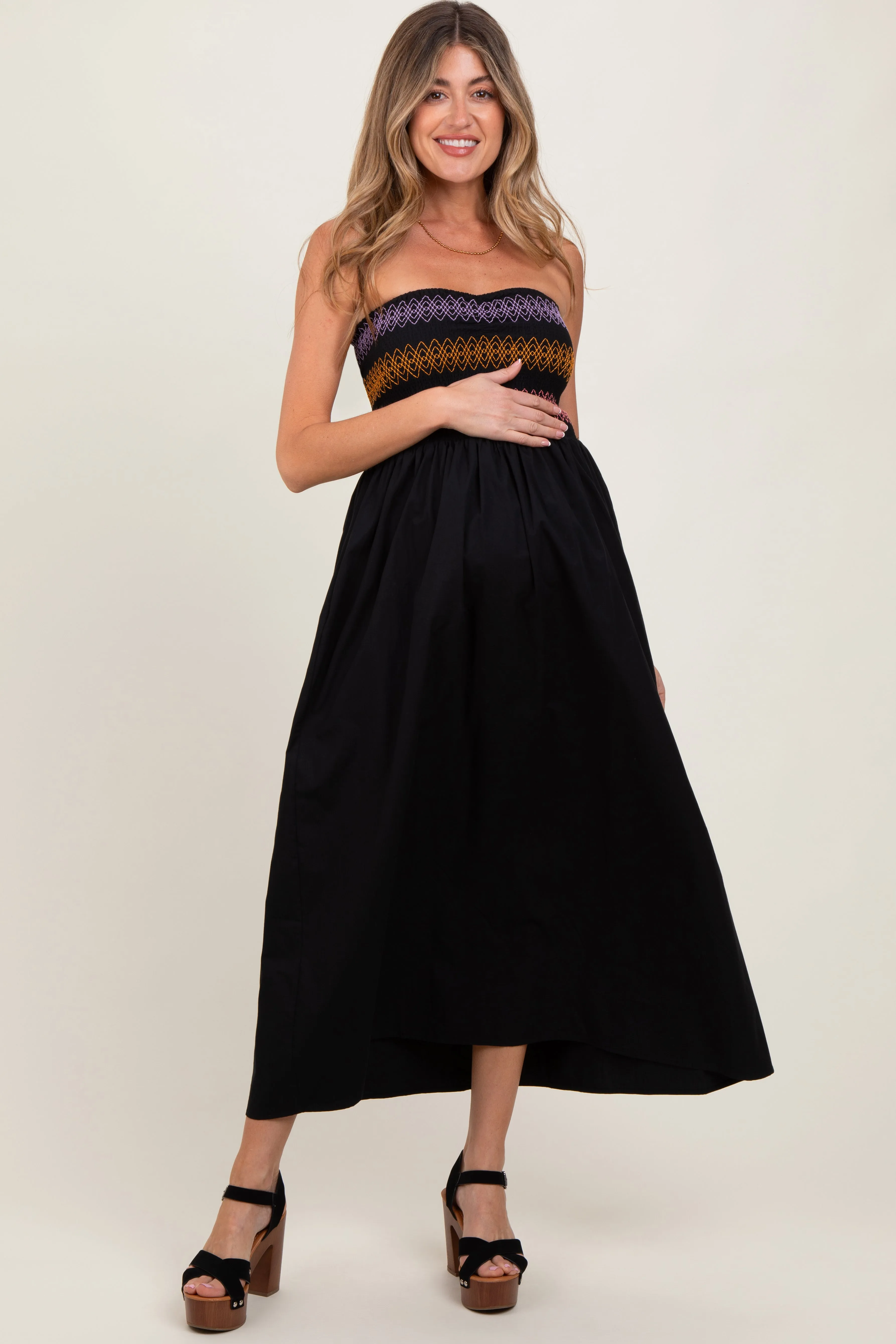 Black Embroidered Strapless Smocked Bodice Flared Maternity Midi Dress sold by Pinkblush product image thumbnail 2