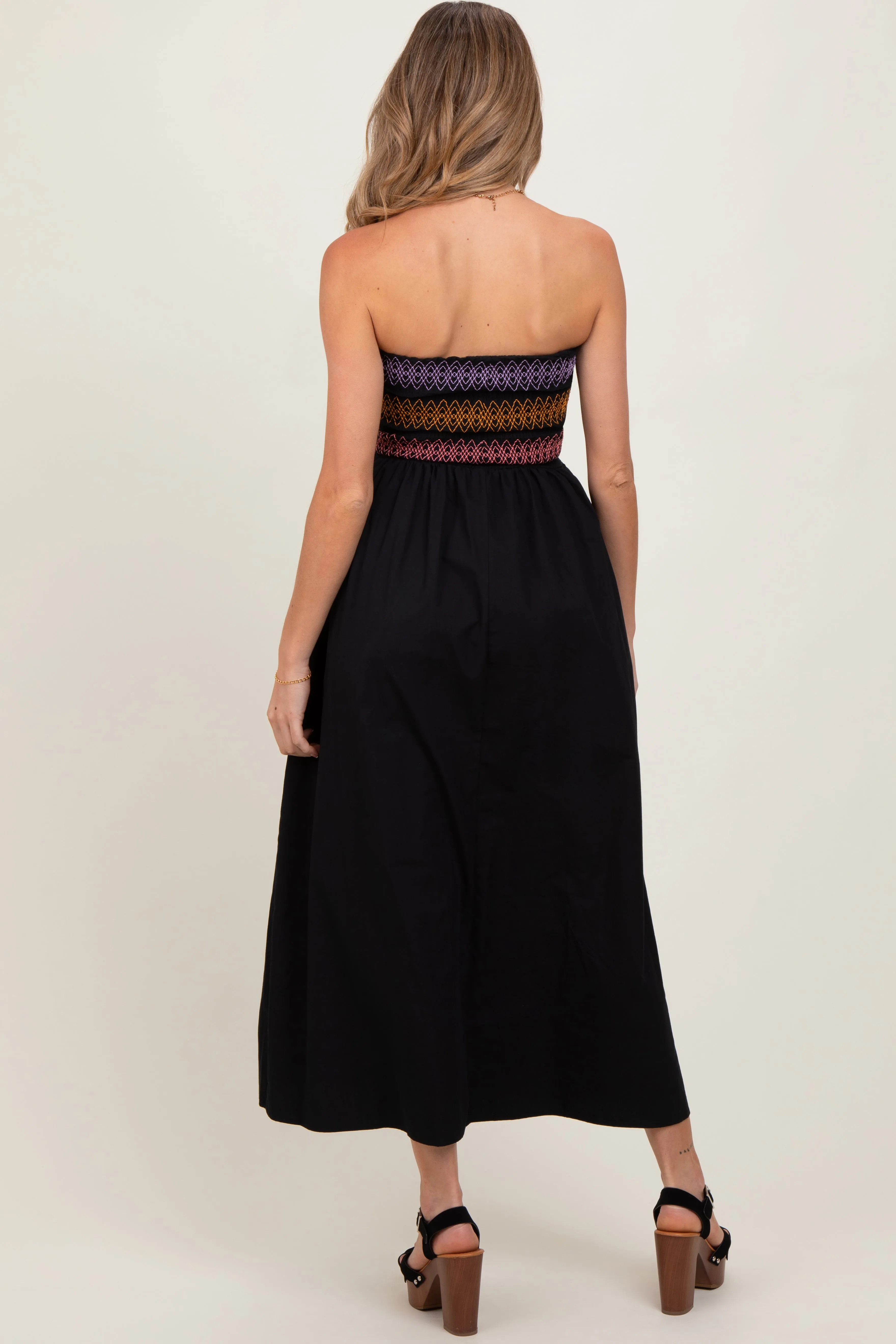 Black Embroidered Strapless Smocked Bodice Flared Maternity Midi Dress sold by Pinkblush product image thumbnail 3