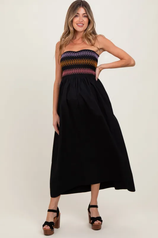 Black Embroidered Strapless Smocked Bodice Flared Maternity Midi Dress sold by Pinkblush