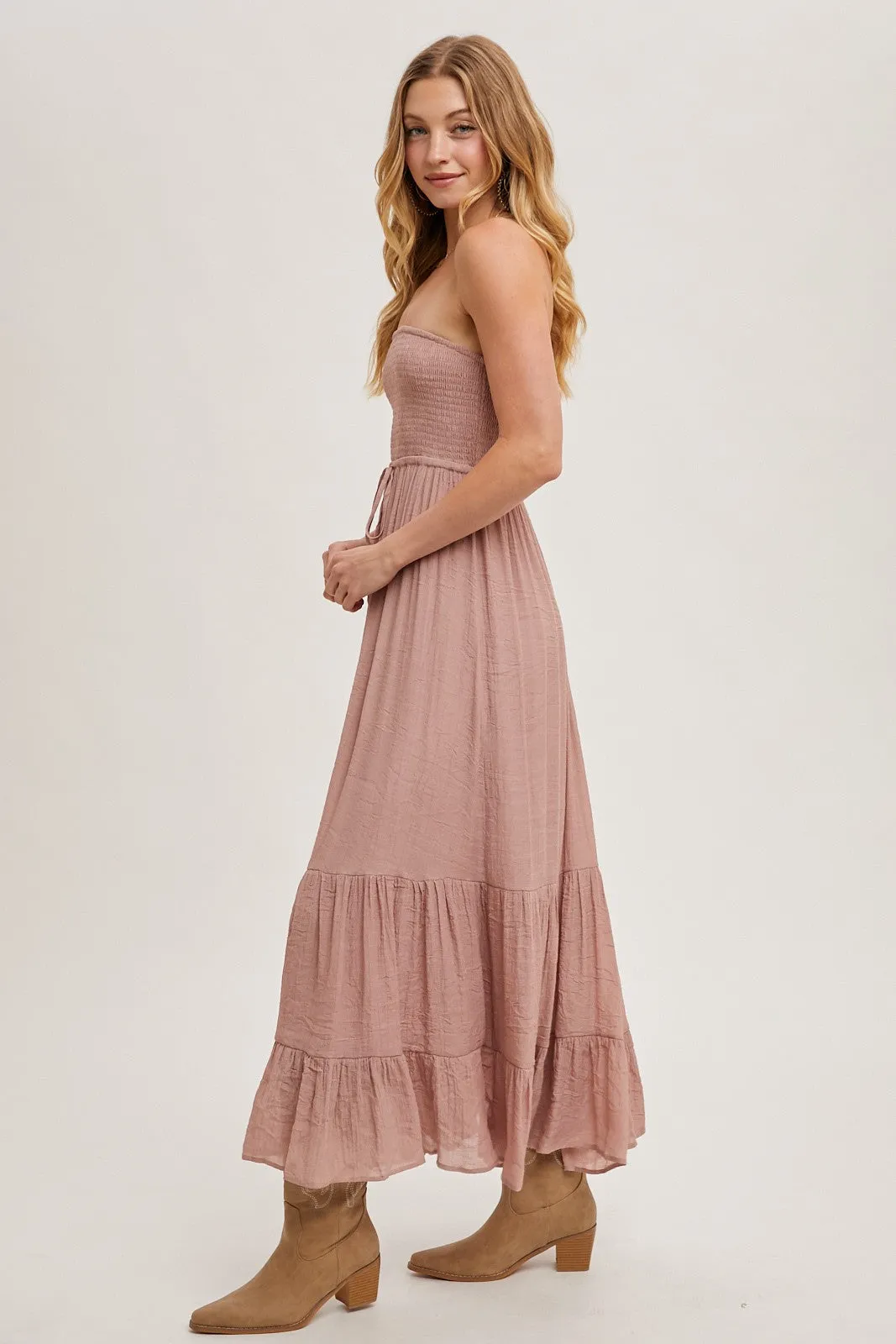 Mauve Smocked Strapless Front Tie Maxi Dress sold by Pinkblush product image thumbnail 3