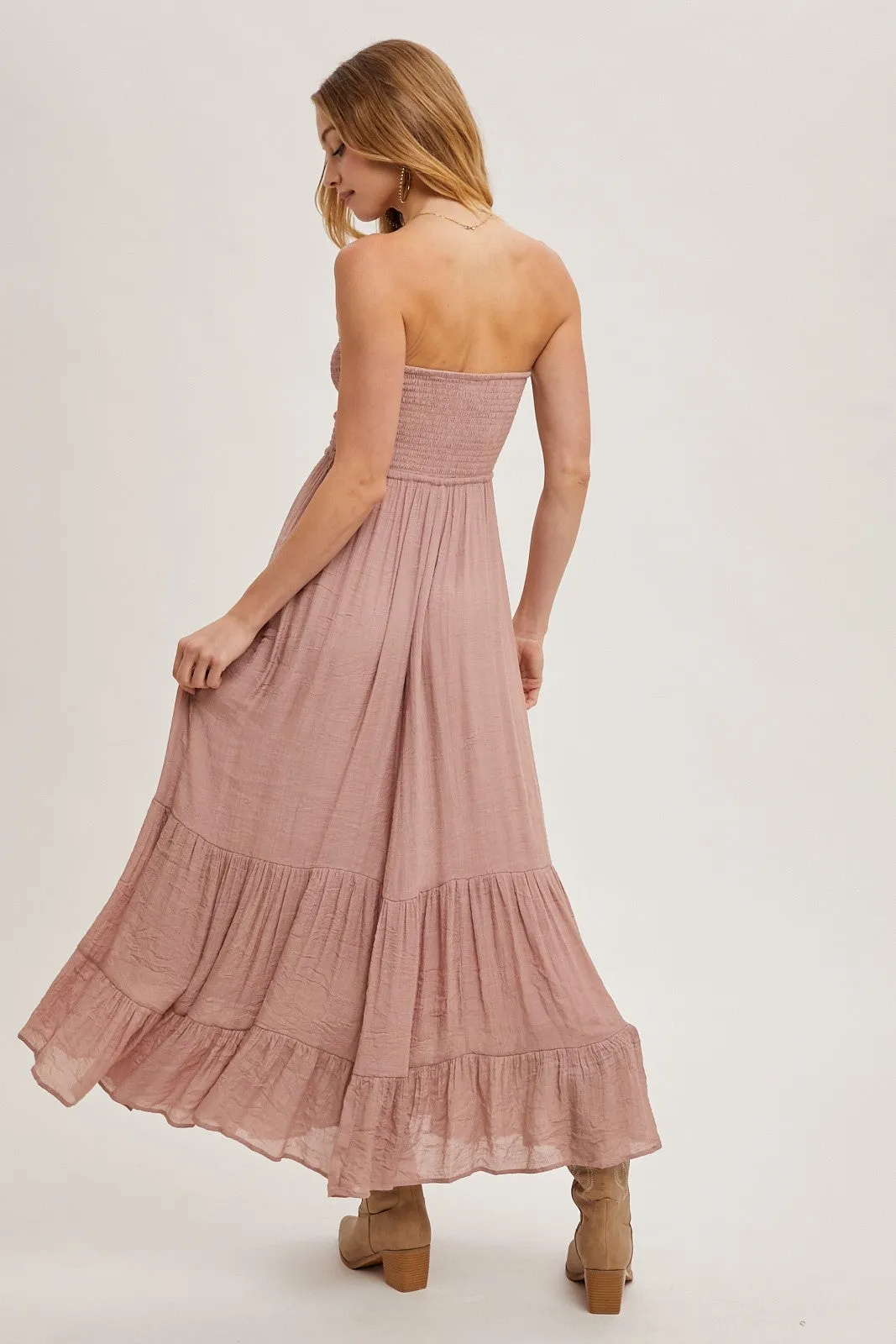 Mauve Smocked Strapless Front Tie Maxi Dress sold by Pinkblush product image thumbnail 4