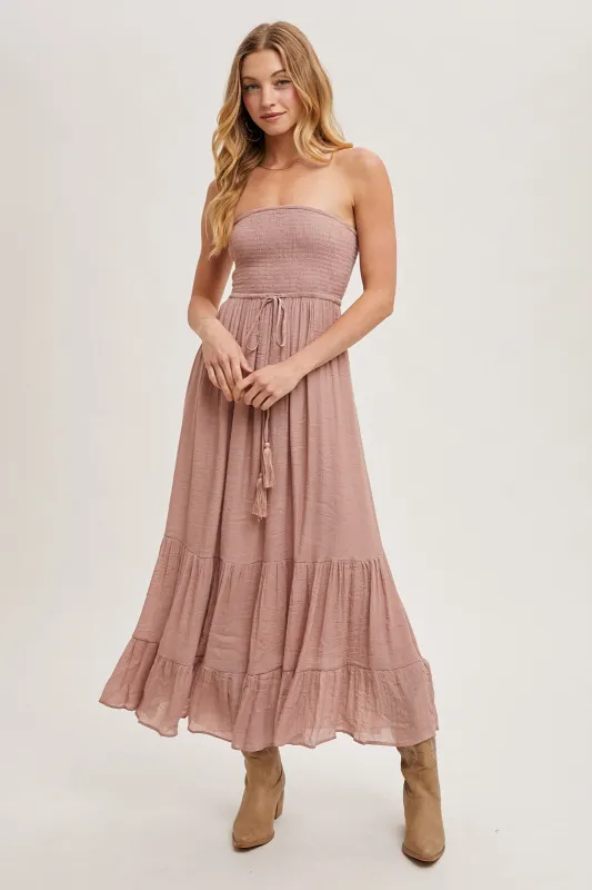 Mauve Smocked Strapless Front Tie Maxi Dress sold by Pinkblush