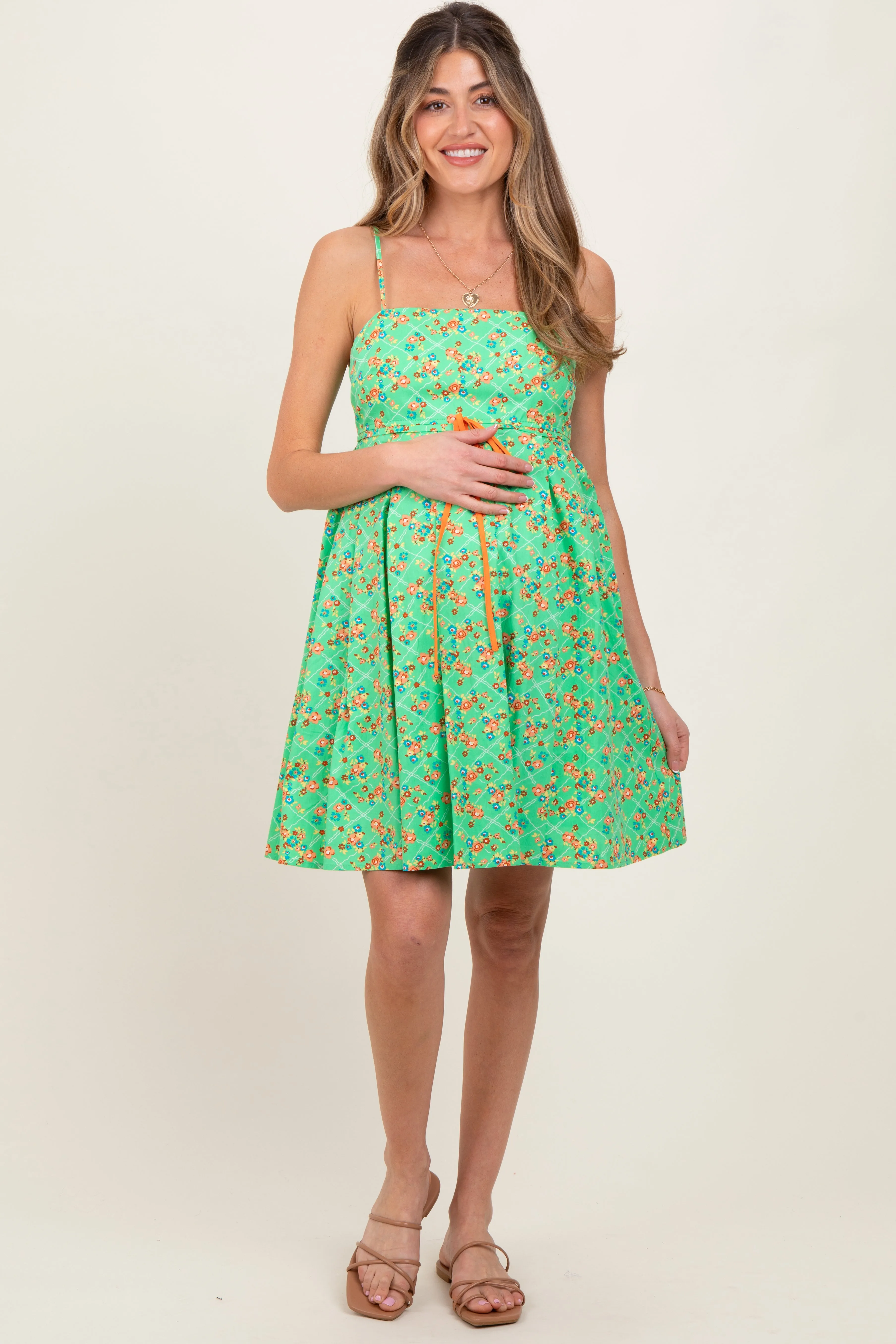 Green Floral Sleeveless Maternity Mini Dress sold by Pinkblush product image thumbnail 2