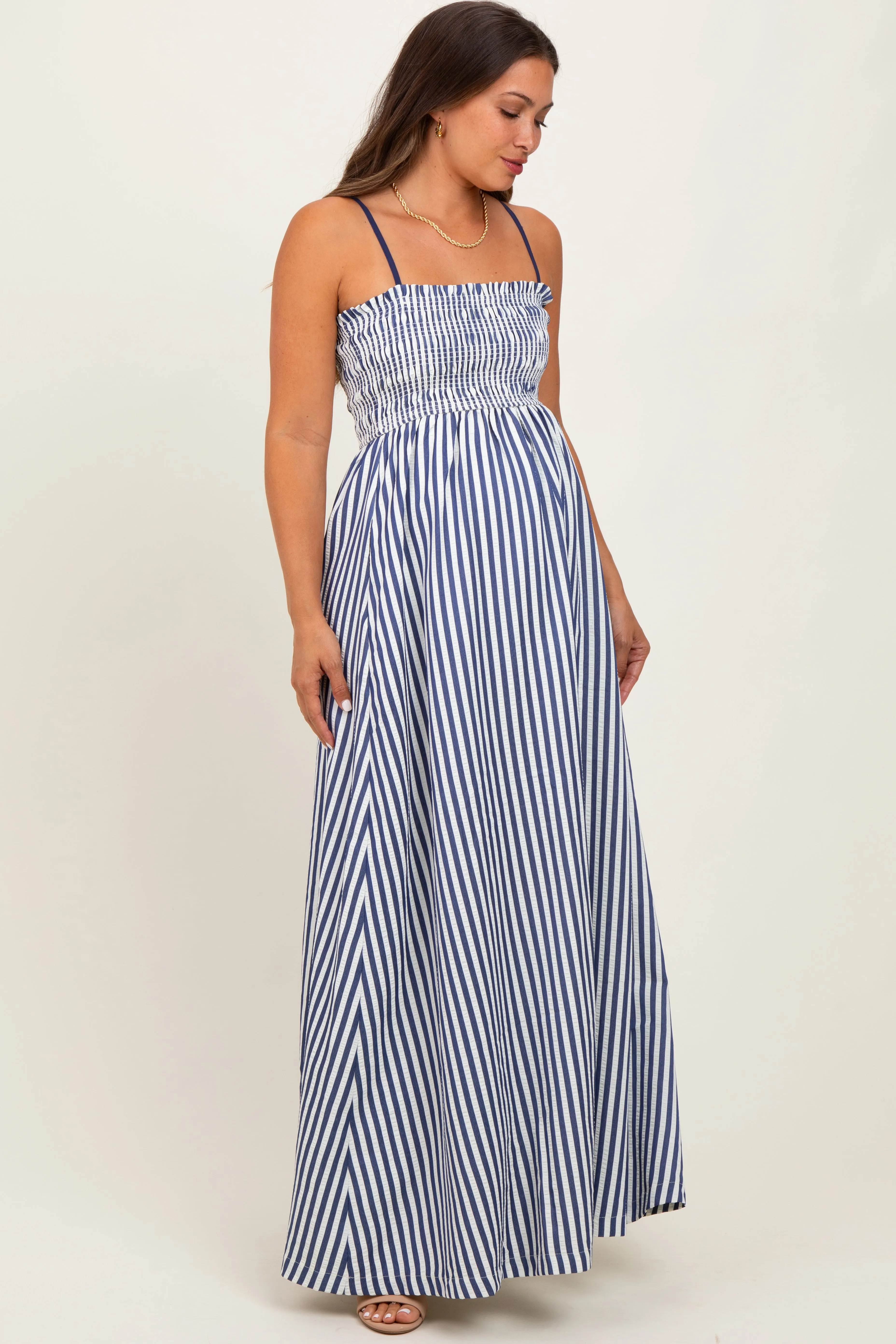 Navy Striped Sleeveless Smocked Poplin Maternity Maxi Dress sold by Pinkblush product image thumbnail 2