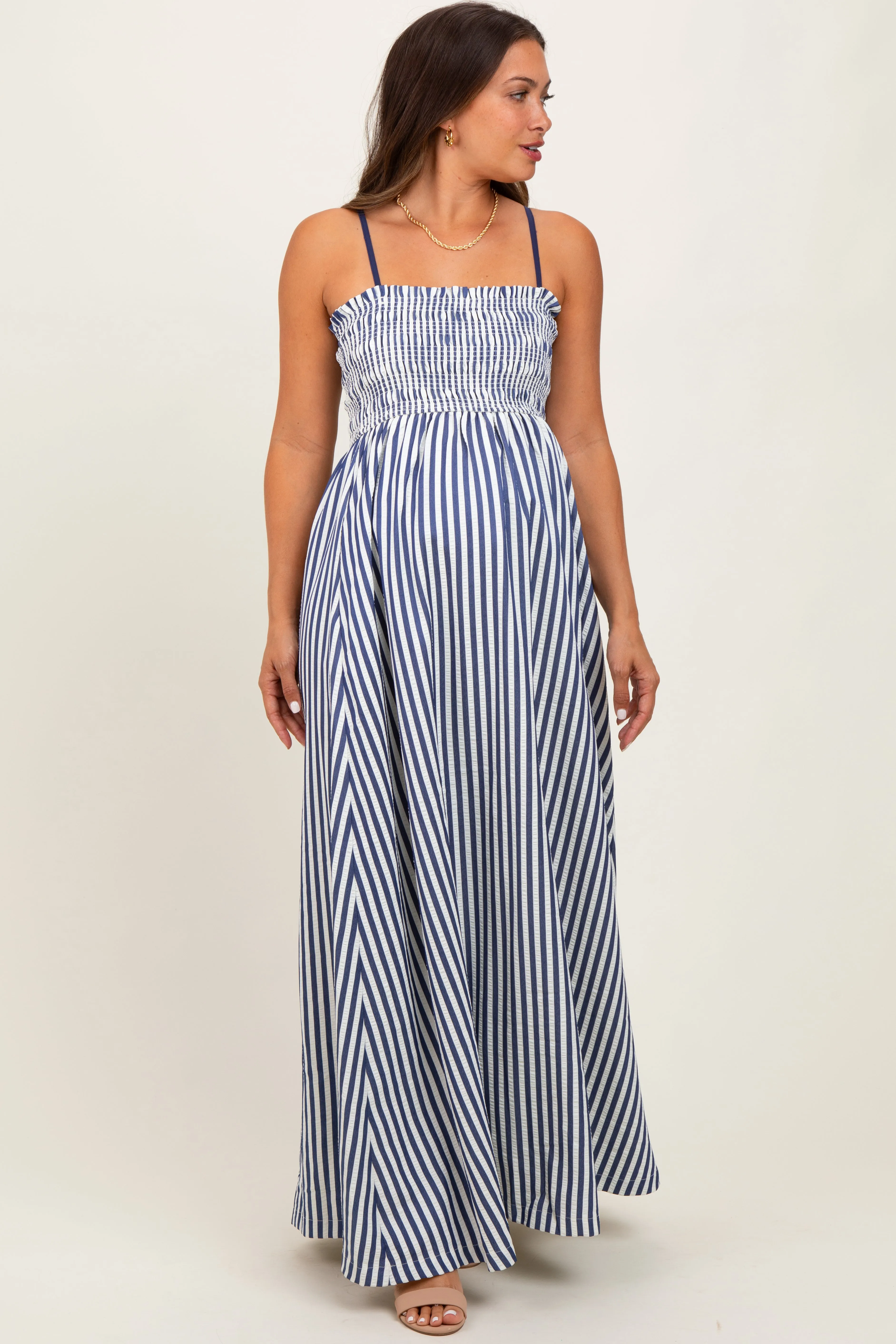 Navy Striped Sleeveless Smocked Poplin Maternity Maxi Dress sold by Pinkblush product image thumbnail 3