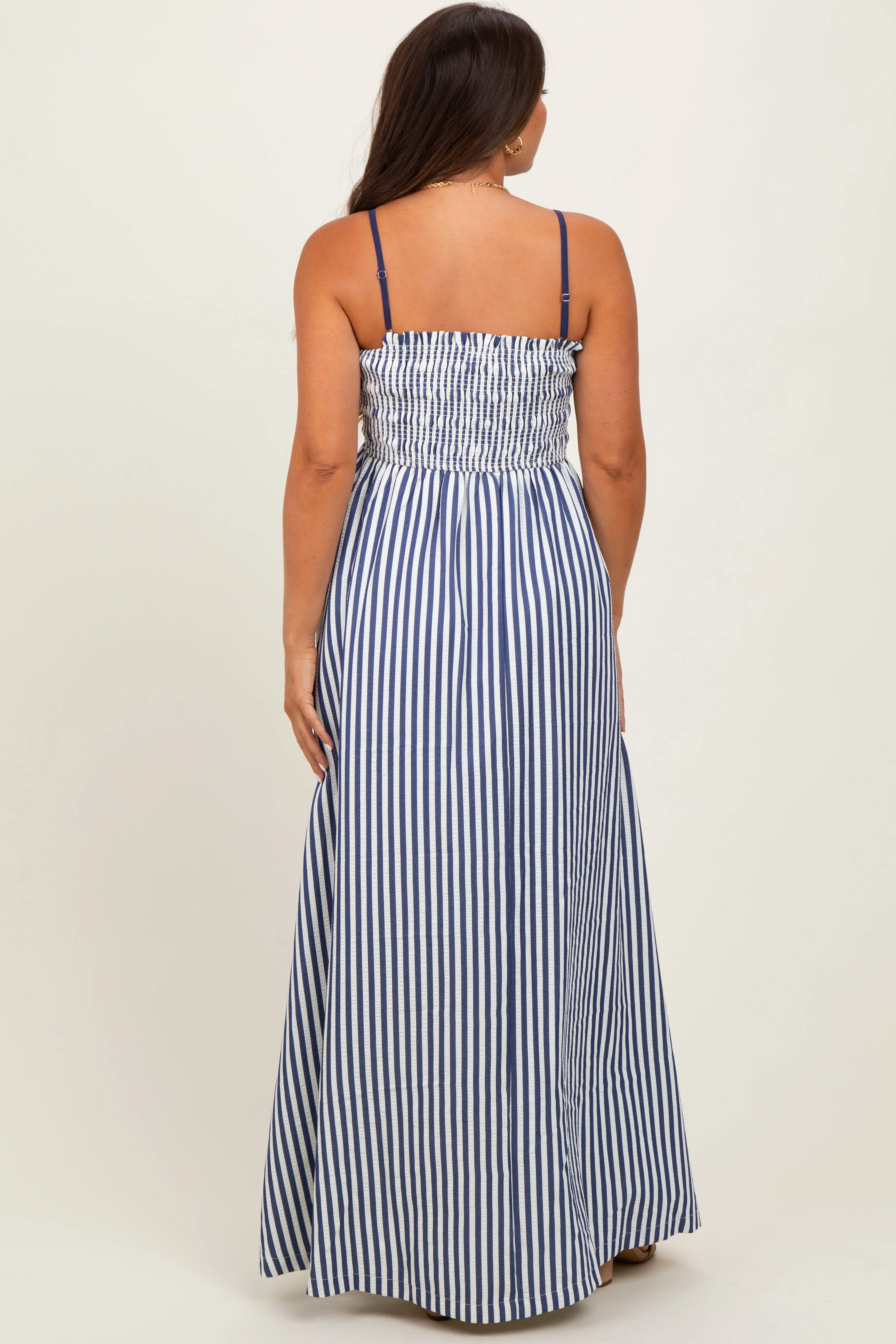 Navy Striped Sleeveless Smocked Poplin Maternity Maxi Dress sold by Pinkblush product image thumbnail 4