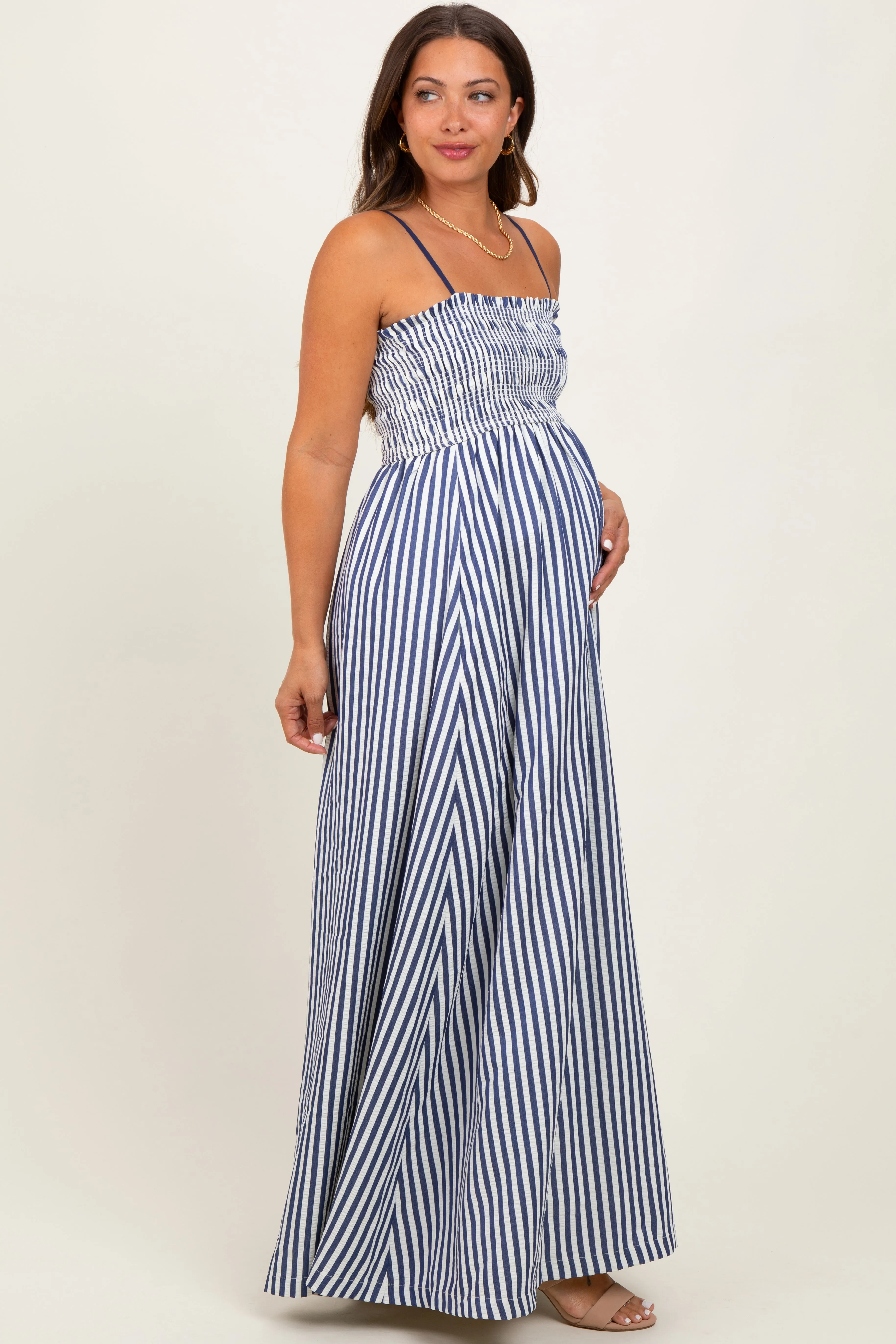 Navy Striped Sleeveless Smocked Poplin Maternity Maxi Dress sold by Pinkblush