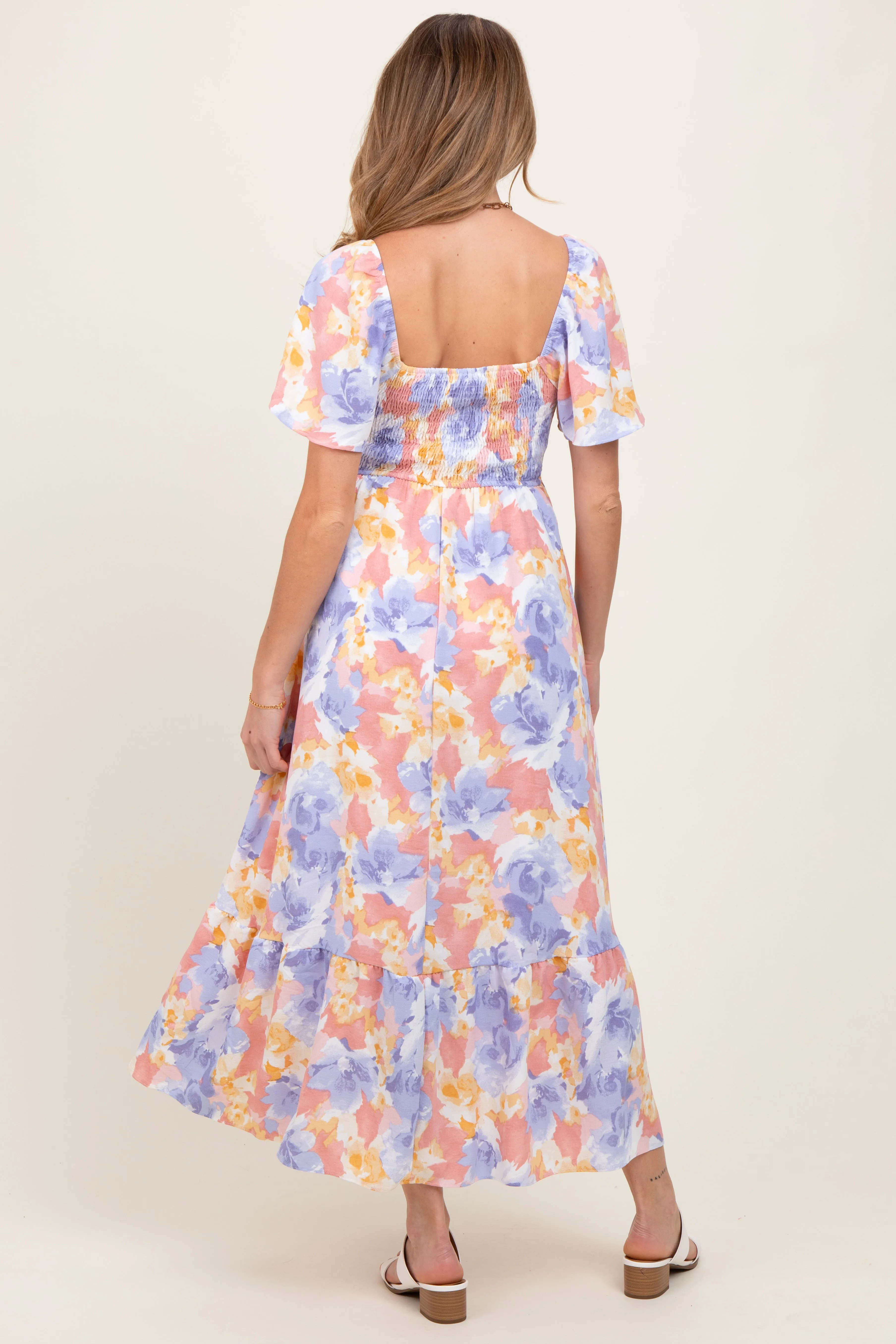 Coral/Purple Floral Flare Sleeve Tiered Maternity Maxi Dress sold by Pinkblush product image thumbnail 4