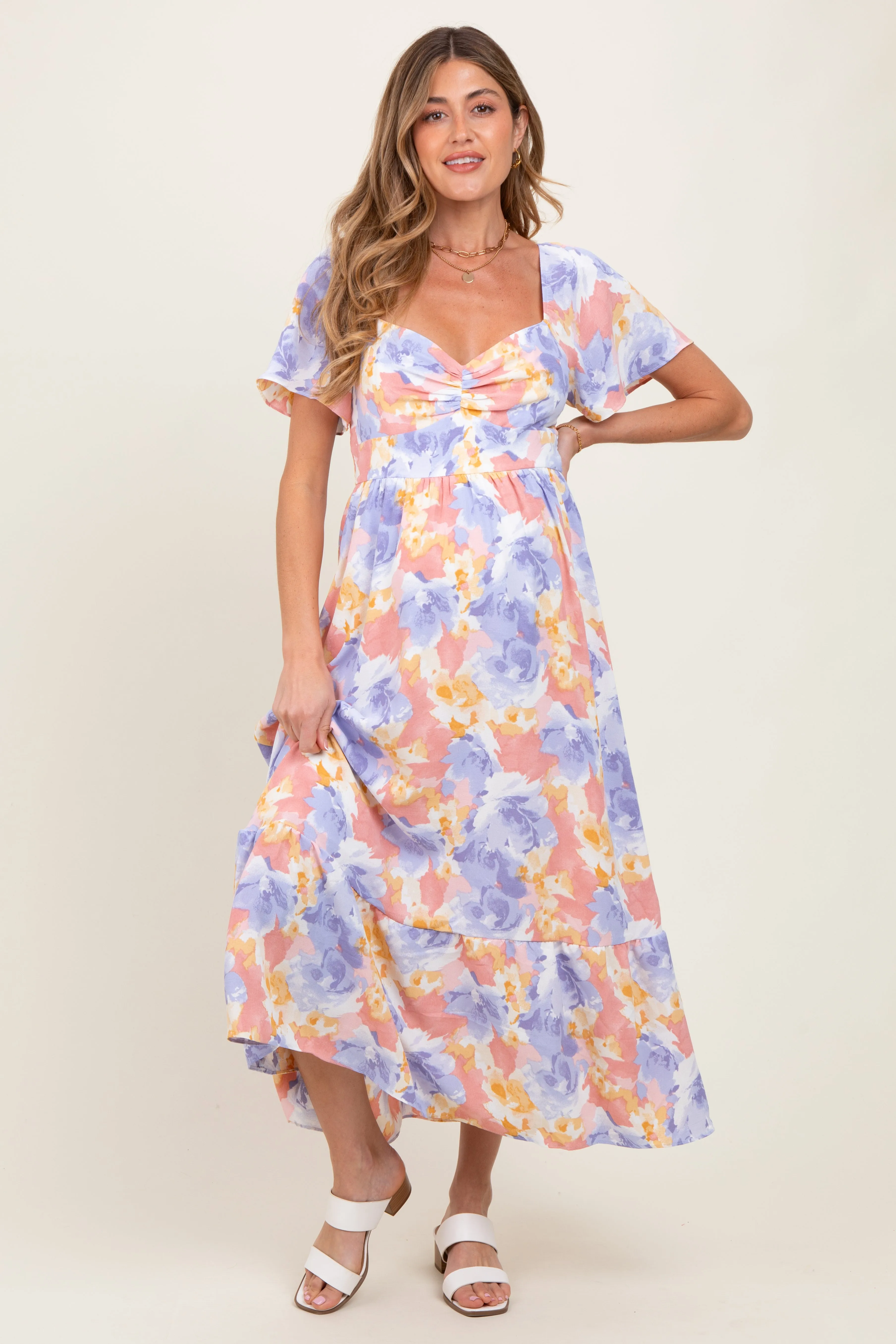 Coral/Purple Floral Flare Sleeve Tiered Maternity Maxi Dress sold by Pinkblush