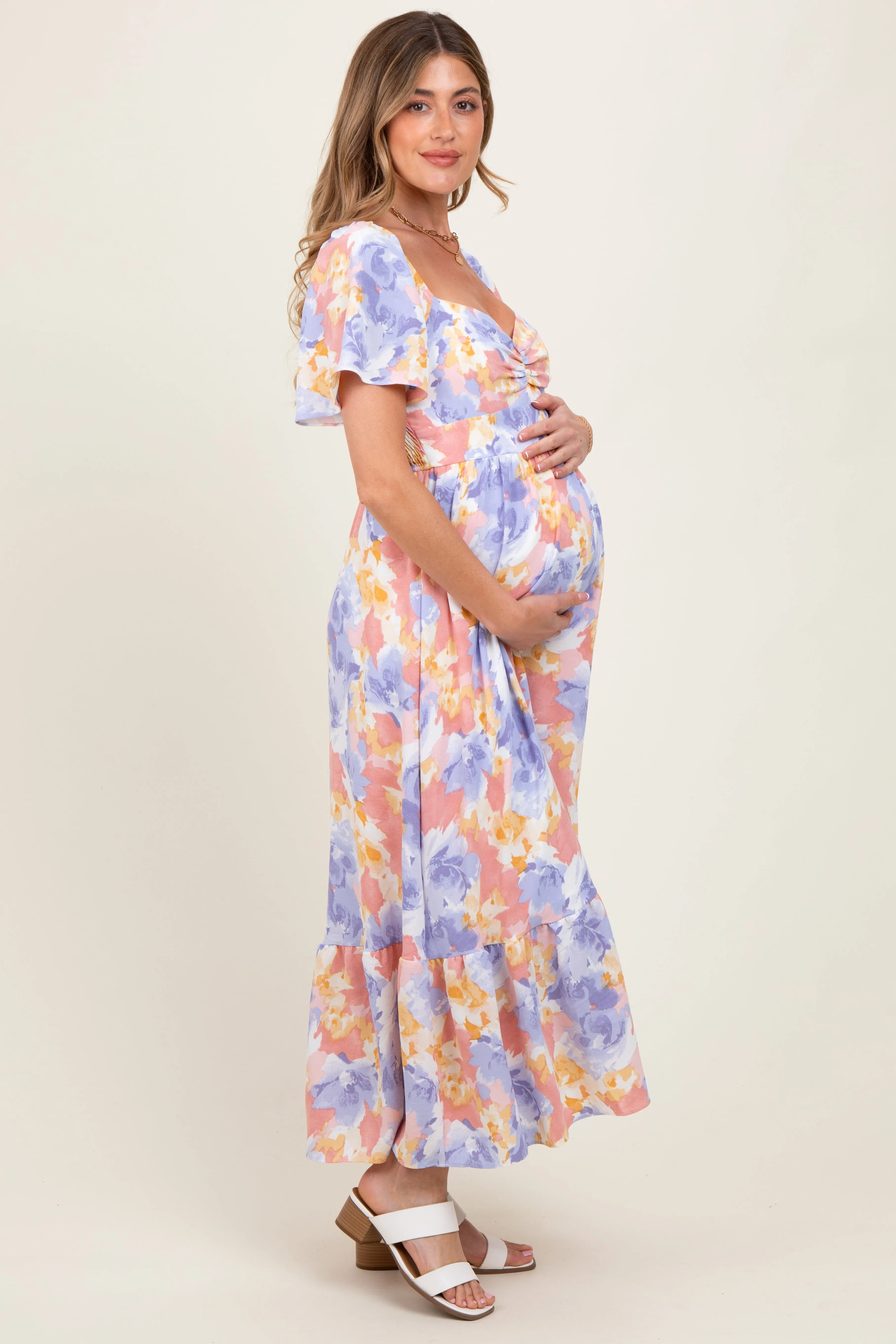 Coral/Purple Floral Flare Sleeve Tiered Maternity Maxi Dress sold by Pinkblush product image thumbnail 3
