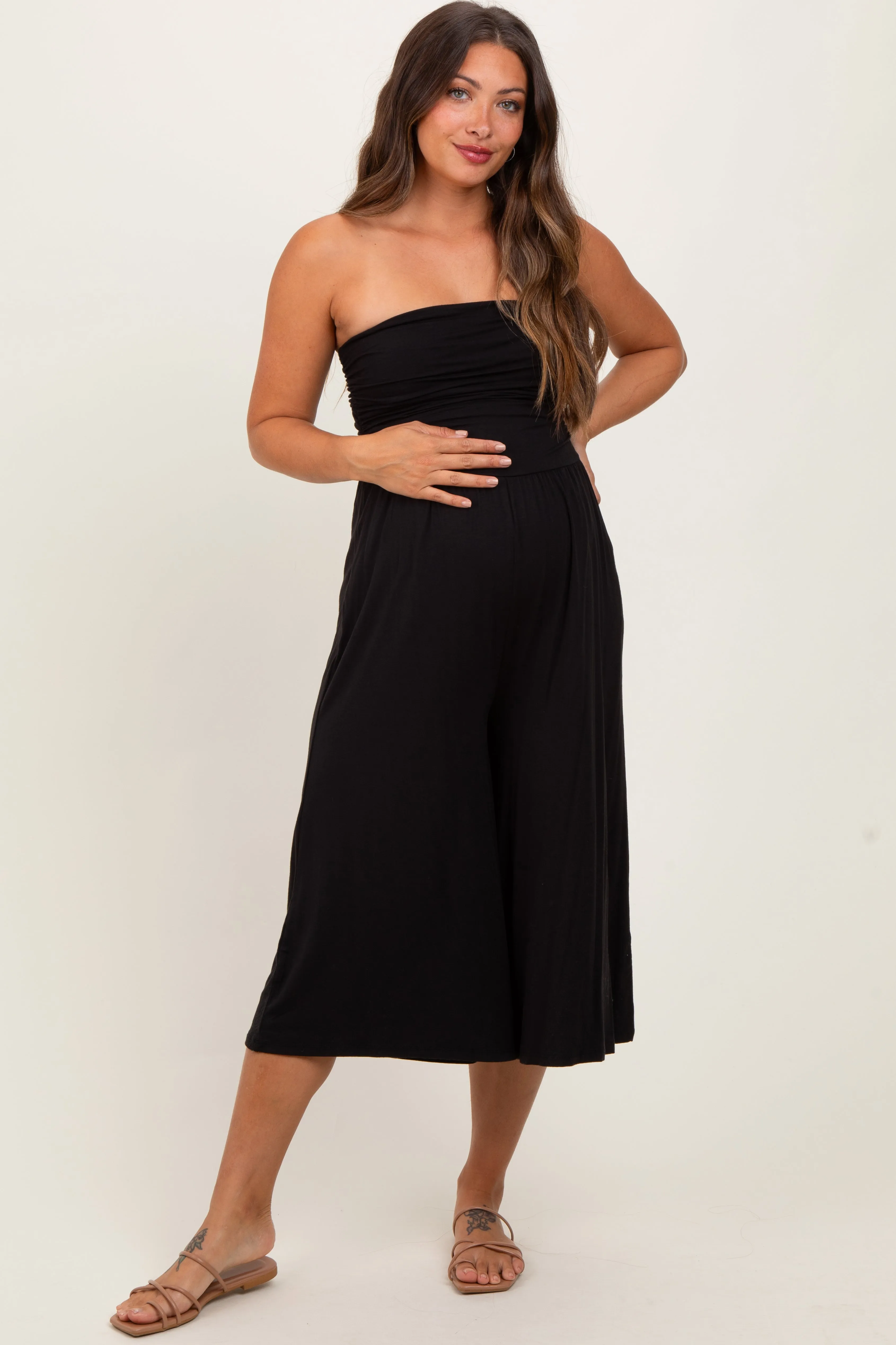 Black Double Layered Strapless Tube Top Maternity Jumpsuit sold by Pinkblush