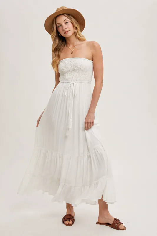 Ivory Smocked Strapless Front Tie Maxi Dress sold by Pinkblush