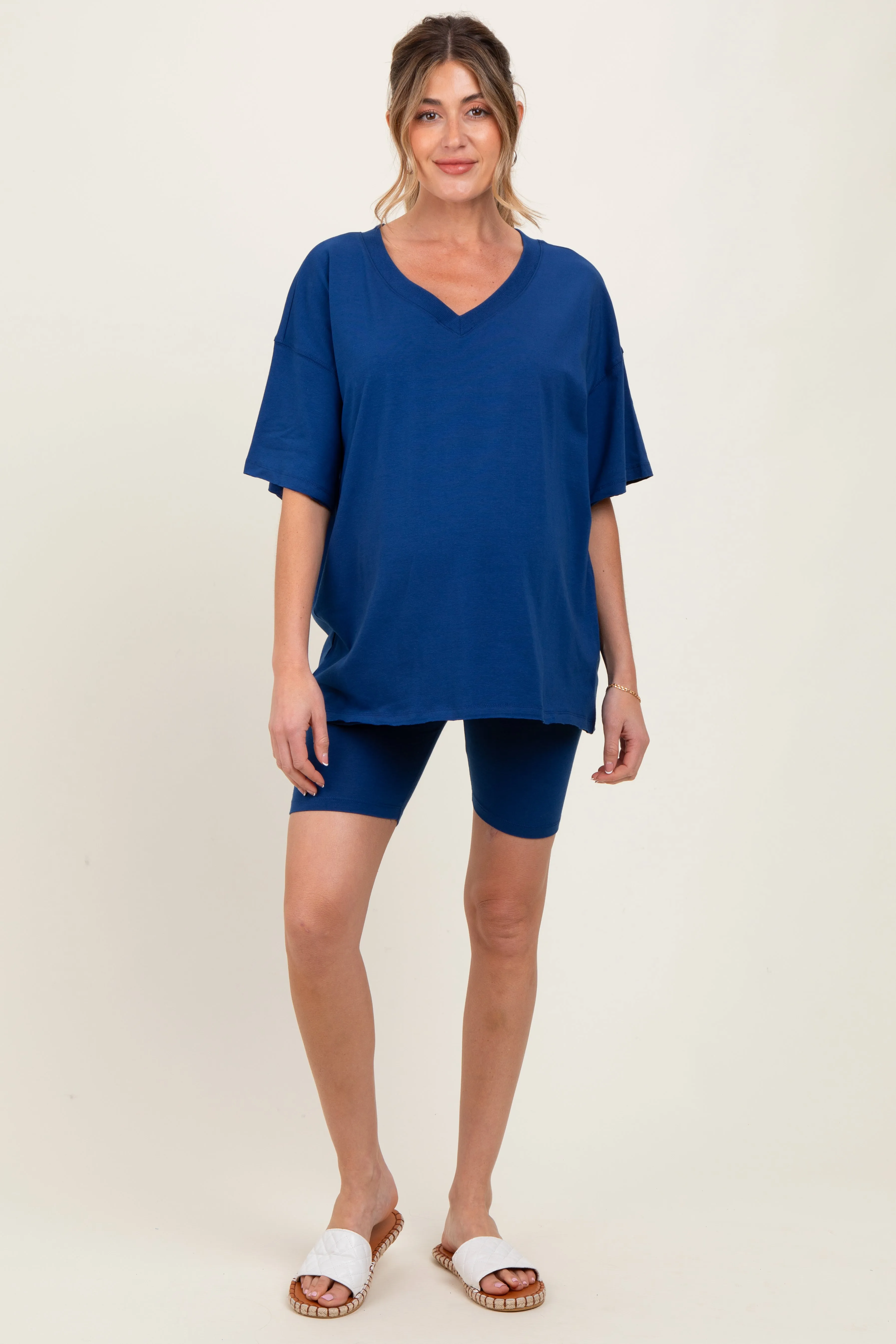 Light Navy Oversized V-Neck Biker Short Maternity Set sold by Pinkblush