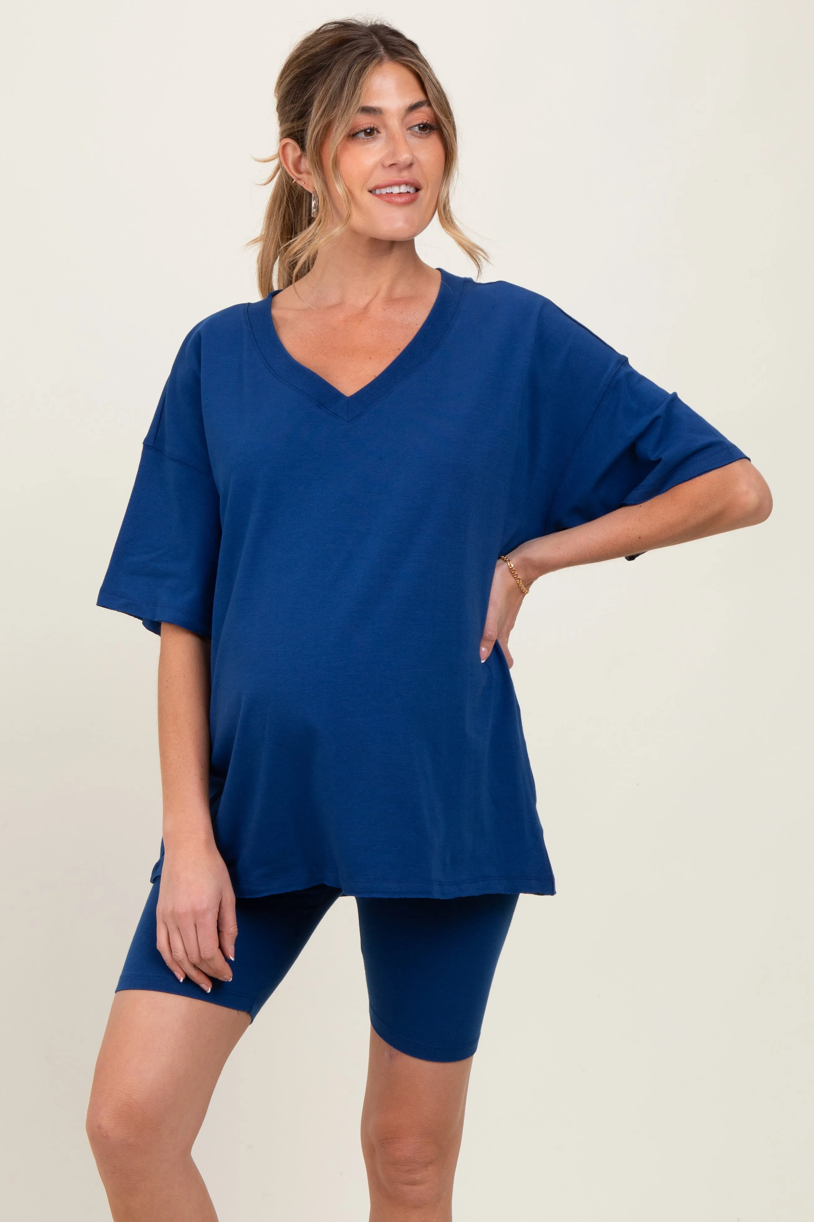 Light Navy Oversized V-Neck Biker Short Maternity Set sold by Pinkblush product image thumbnail 2