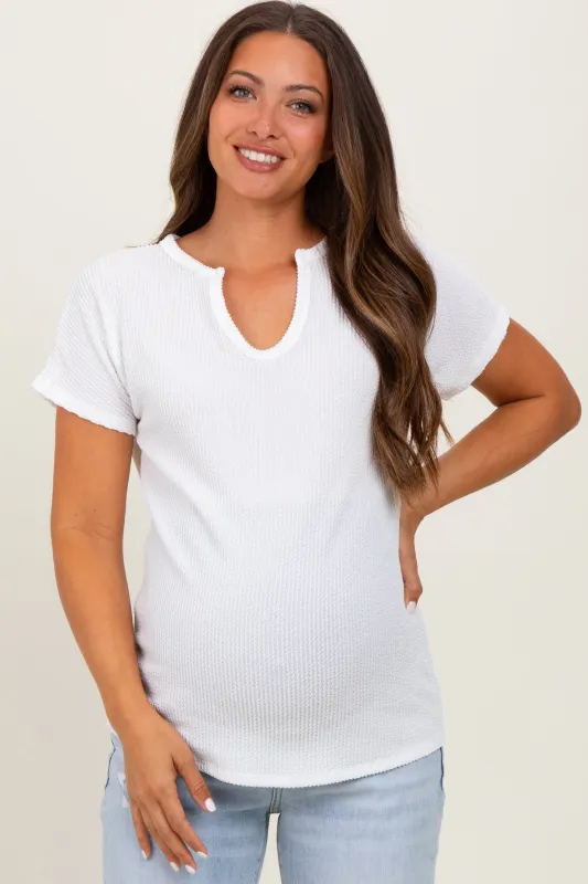 White Ribbed Notched Neckline Maternity Top sold by Pinkblush