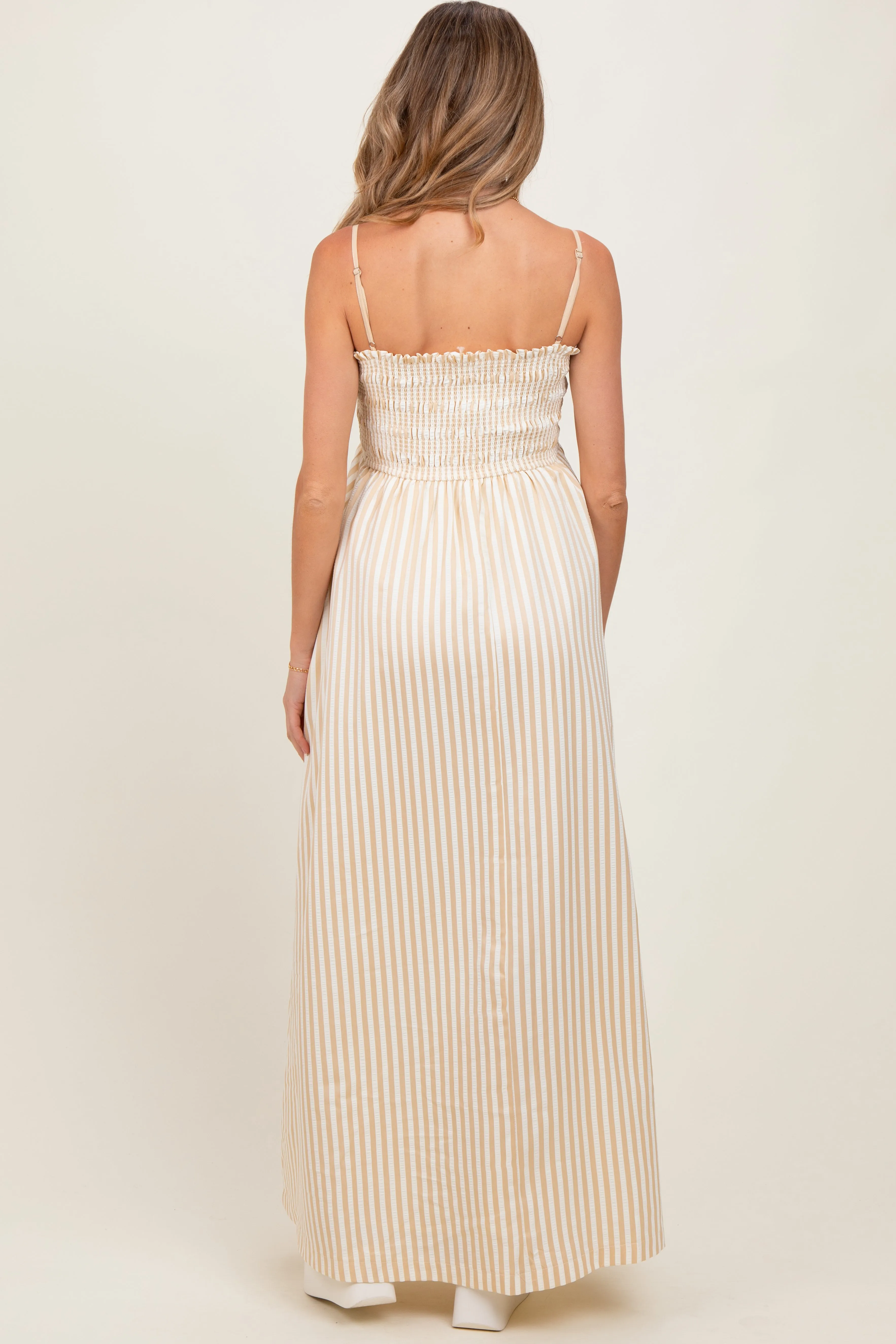 Beige Striped Sleeveless Smocked Poplin Maternity Maxi Dress sold by Pinkblush product image thumbnail 3
