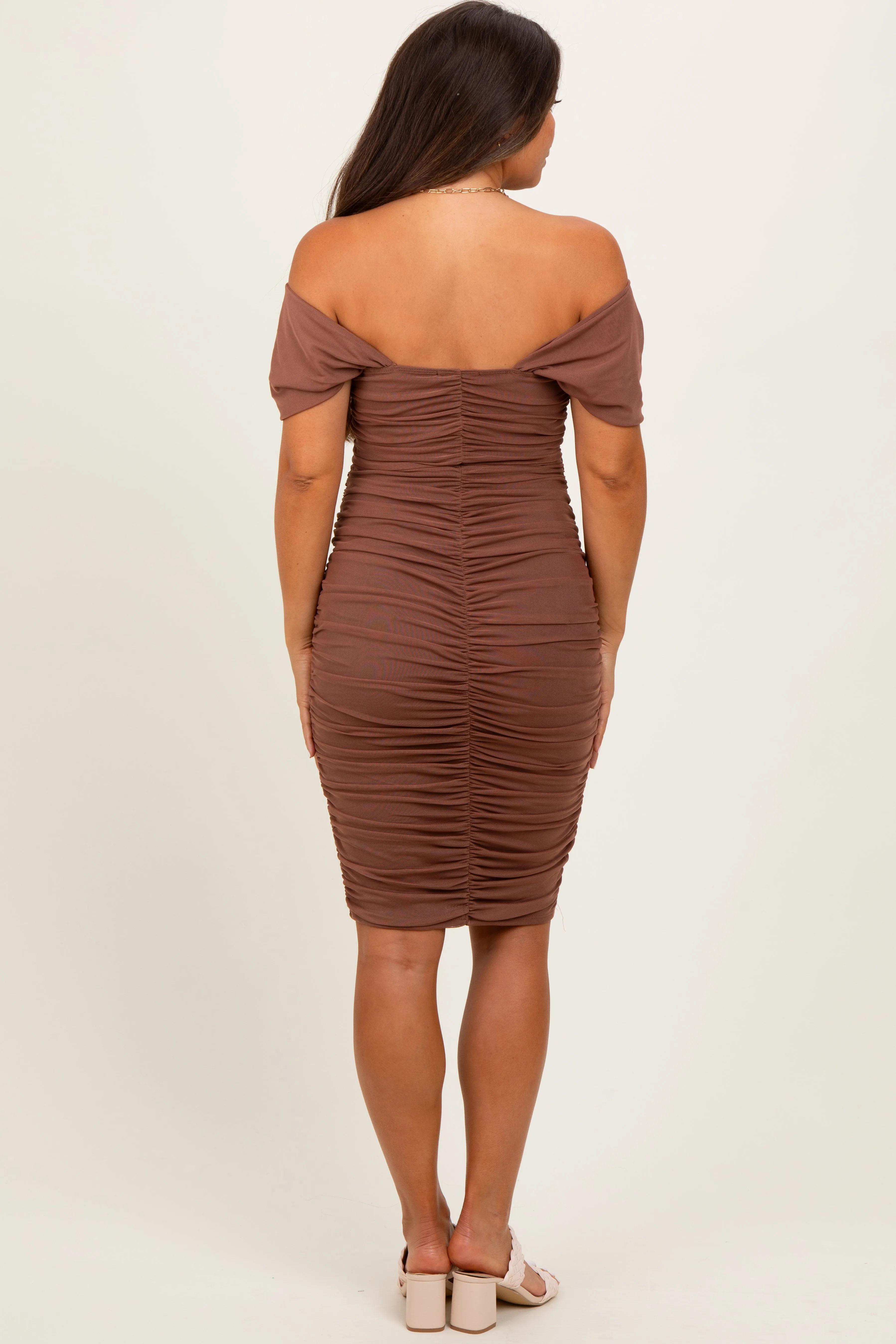 Mocha Mesh Ruched Off Shoulder Maternity Fitted Dress sold by Pinkblush product image thumbnail 4