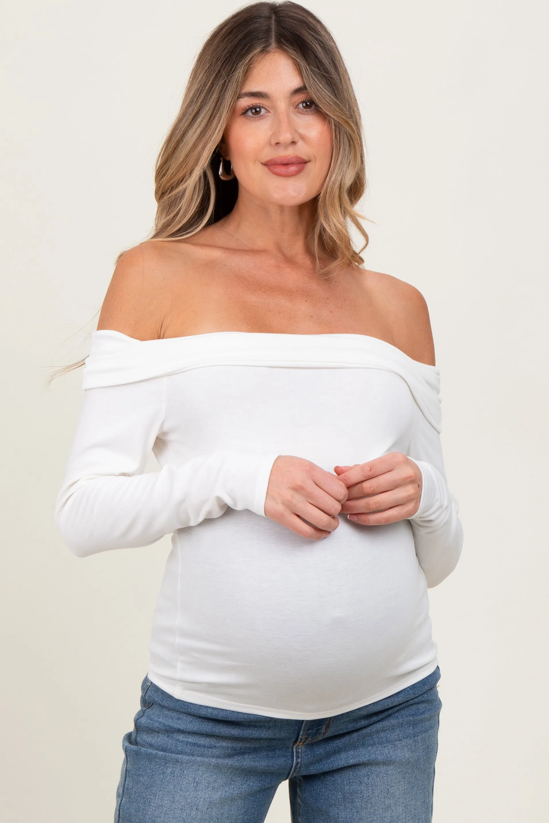 White Off Shoulder Foldover Maternity Long Sleeve Top sold by Pinkblush