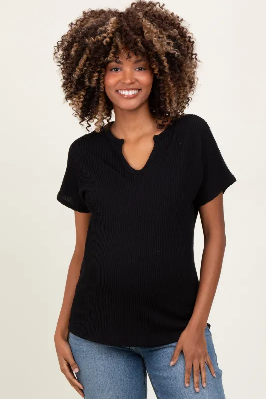 Black Ribbed Notched Neckline Maternity Top sold by Pinkblush