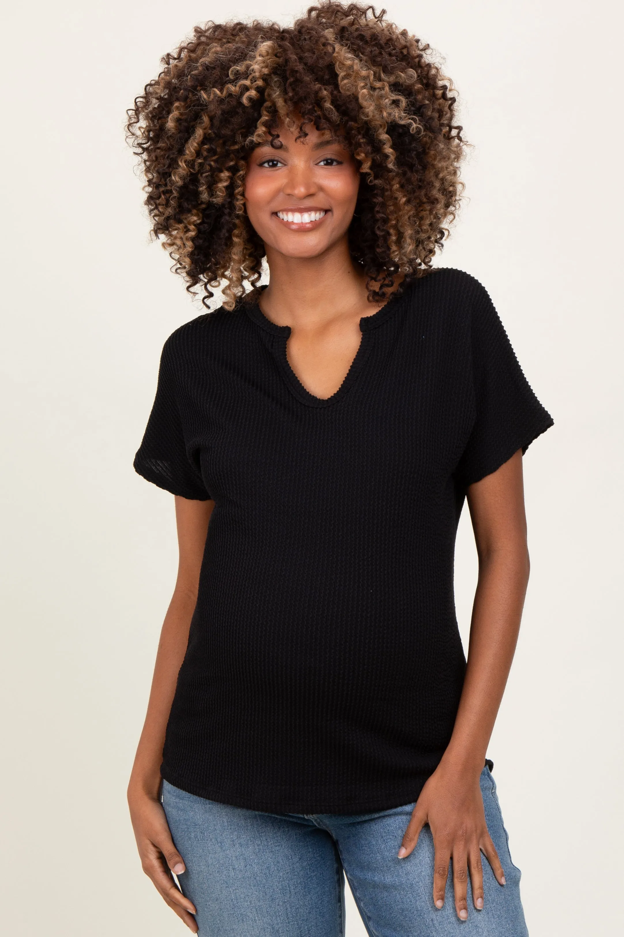 Black Ribbed Notched Neckline Maternity Top sold by Pinkblush