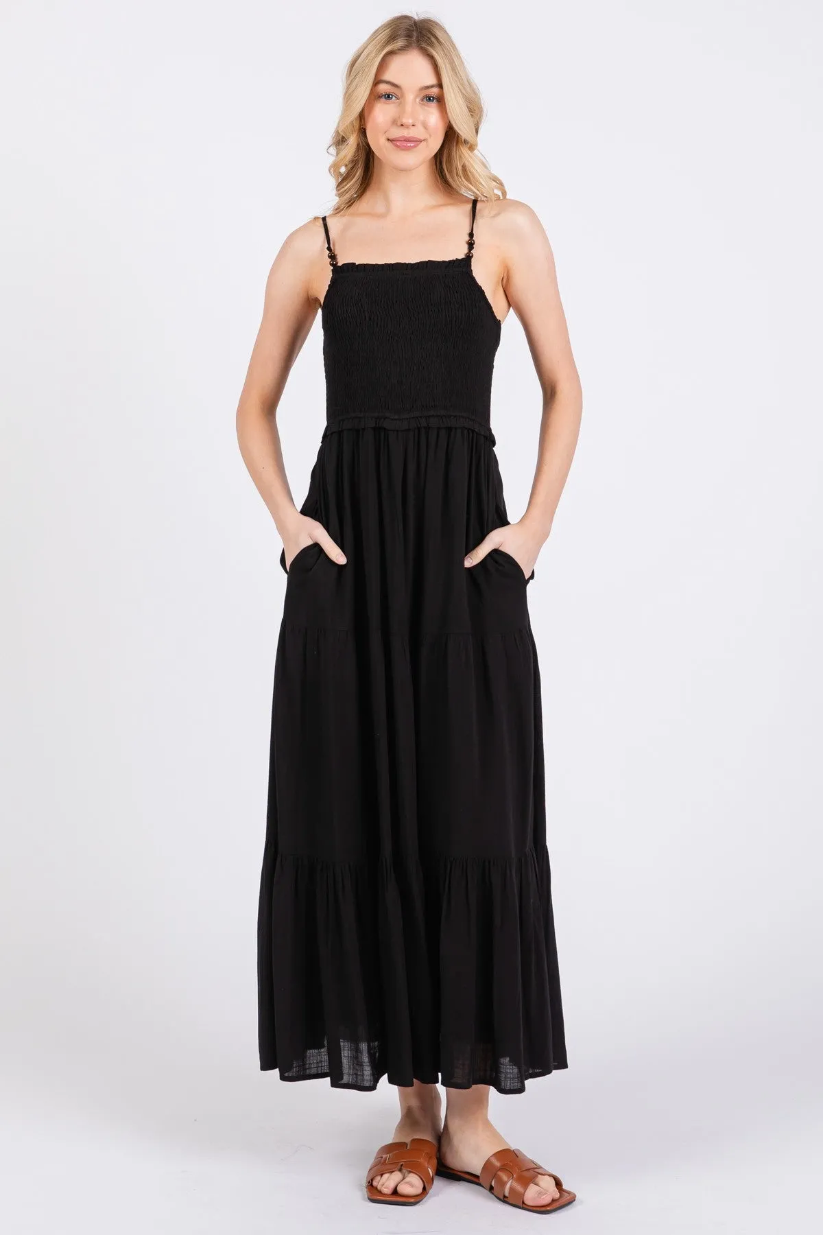 Black Smocked Bead Detail Strap Maternity Midi Dress sold by Pinkblush product image thumbnail 4