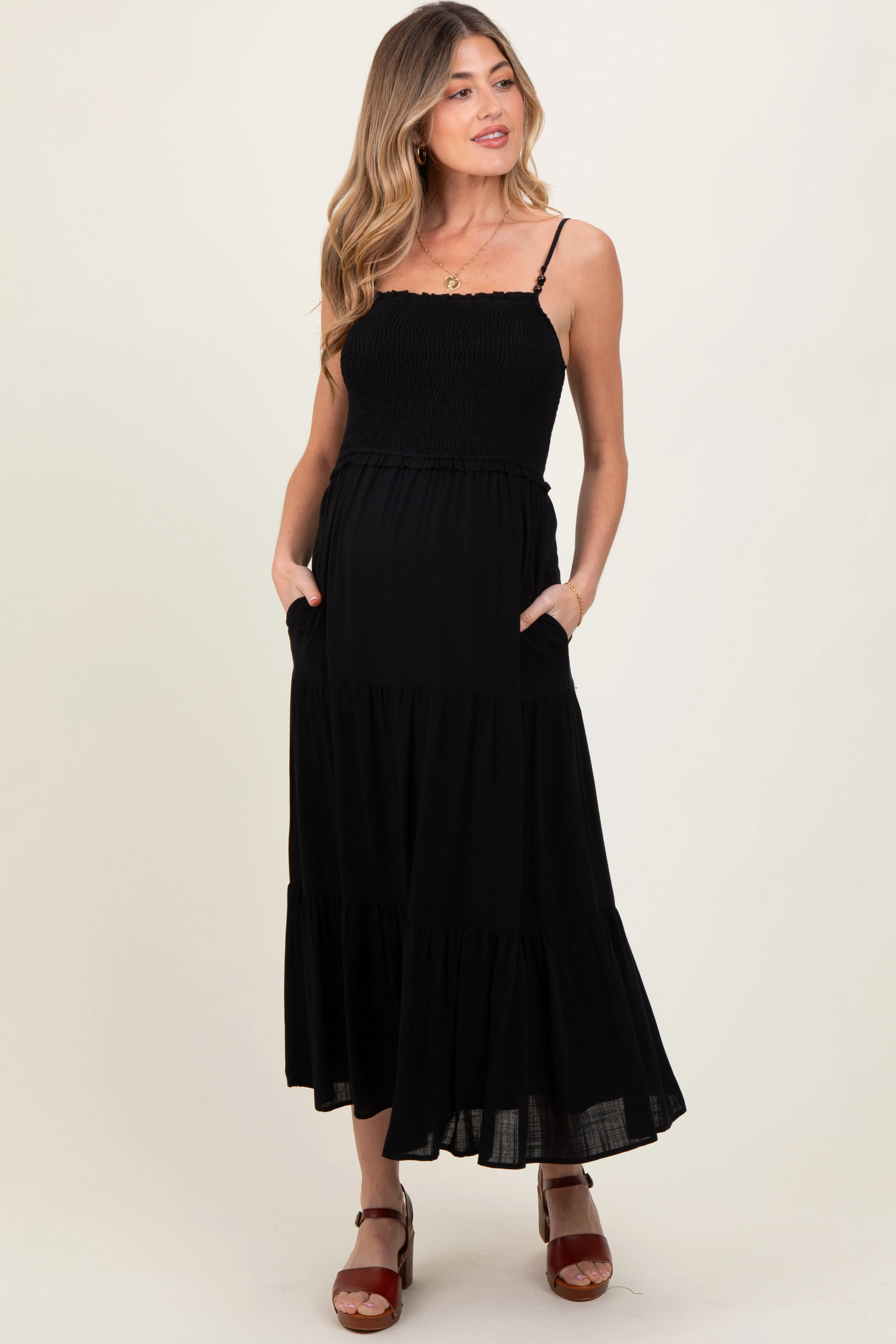 Black Smocked Bead Detail Strap Maternity Midi Dress sold by Pinkblush