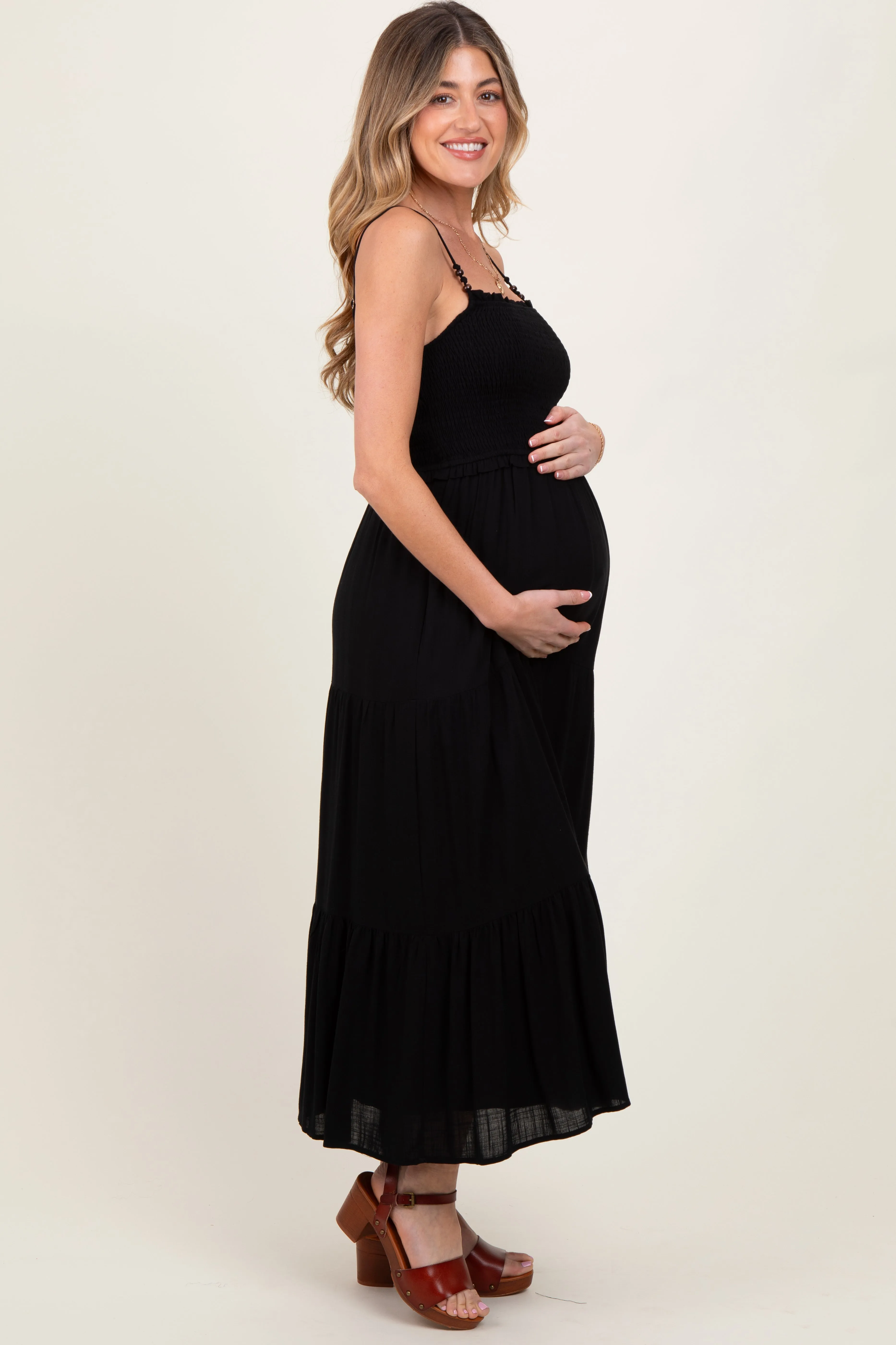 Black Smocked Bead Detail Strap Maternity Midi Dress sold by Pinkblush product image thumbnail 2