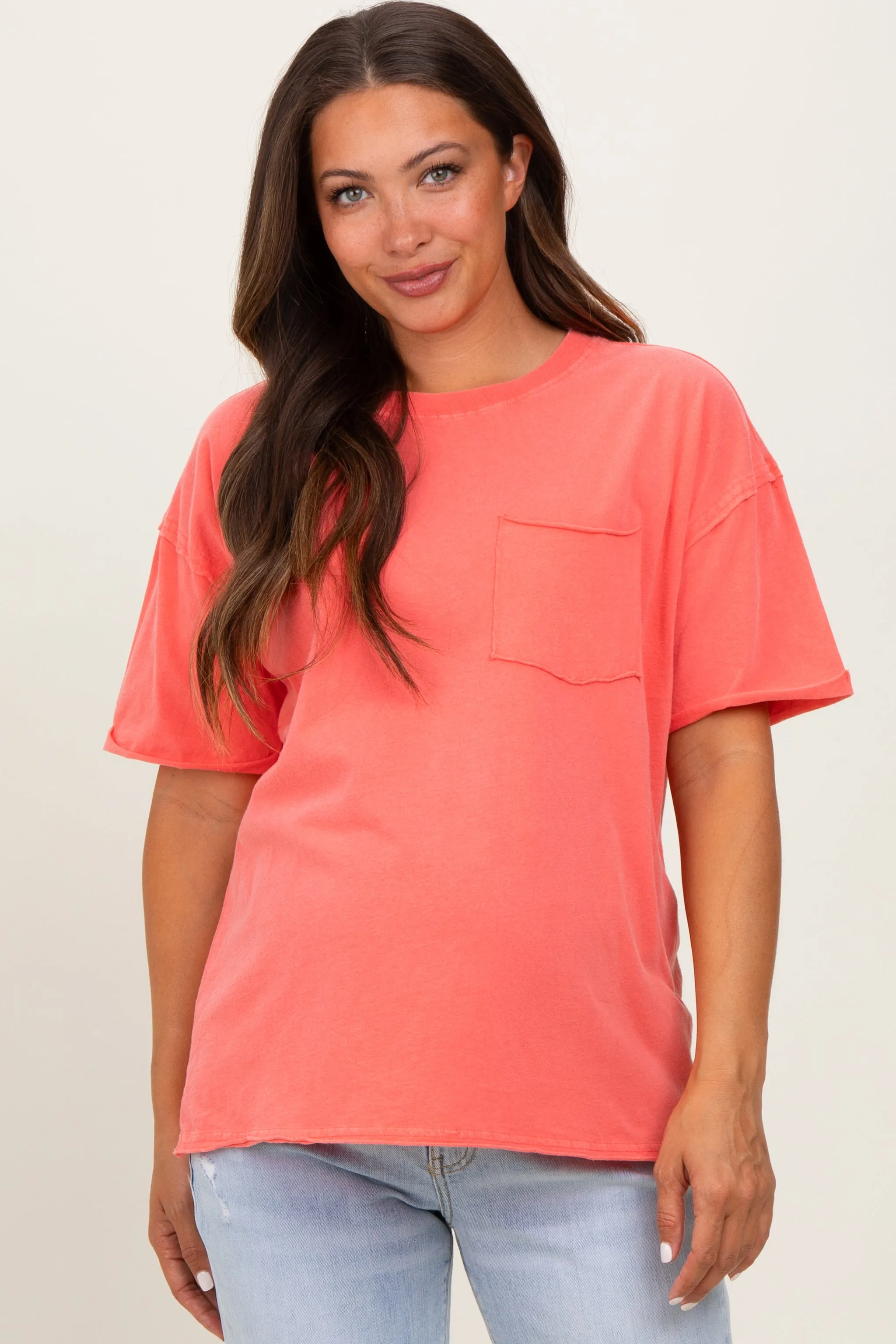 Coral Short Sleeve Front Pocket Tunic Maternity Top sold by Pinkblush