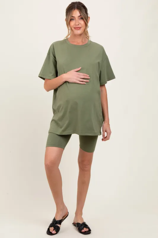 Light Olive Biker Shorts Maternity Set sold by Pinkblush