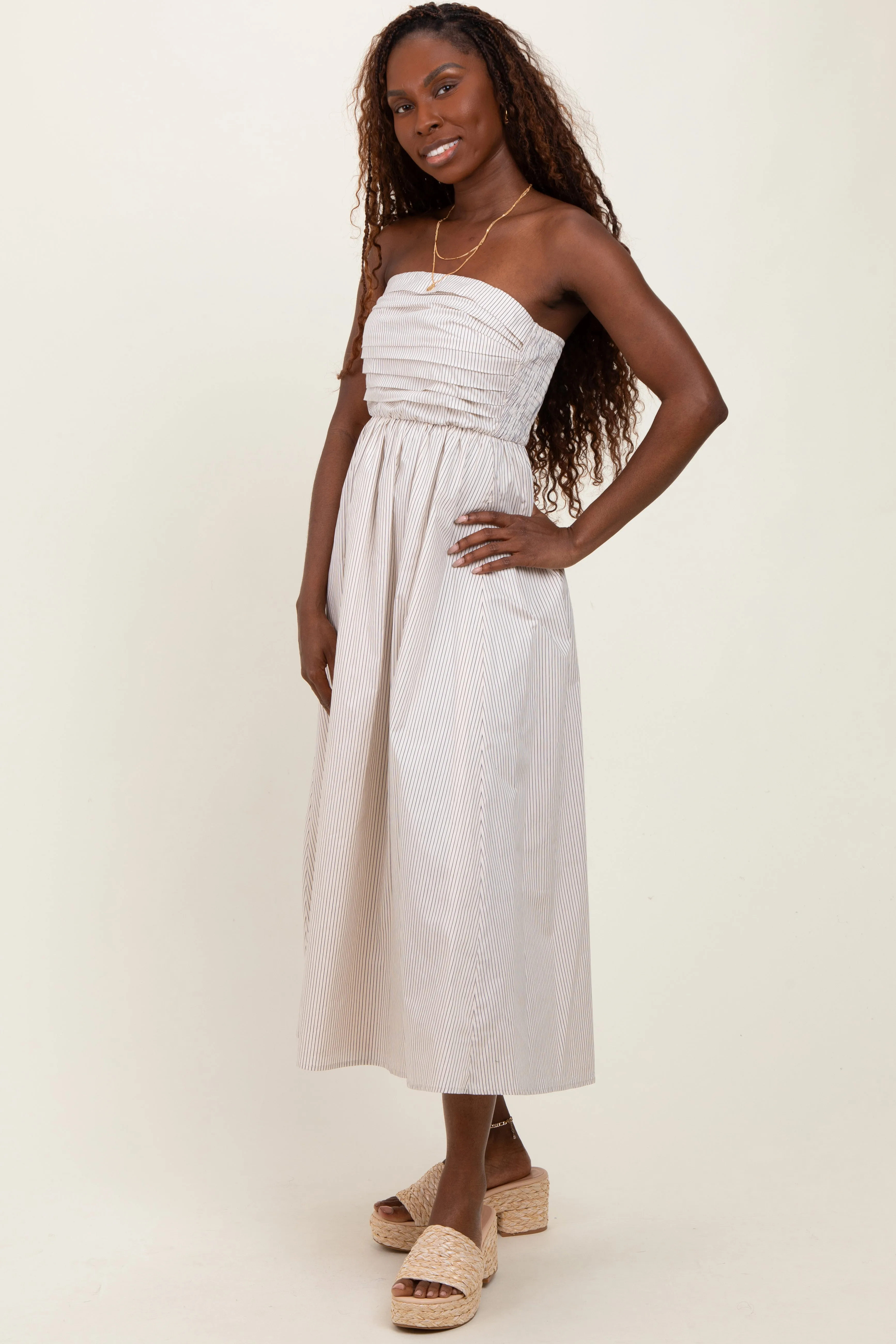 Cream Tube Striped Black Smocking Maternity Maxi Dress sold by Pinkblush product image thumbnail 4