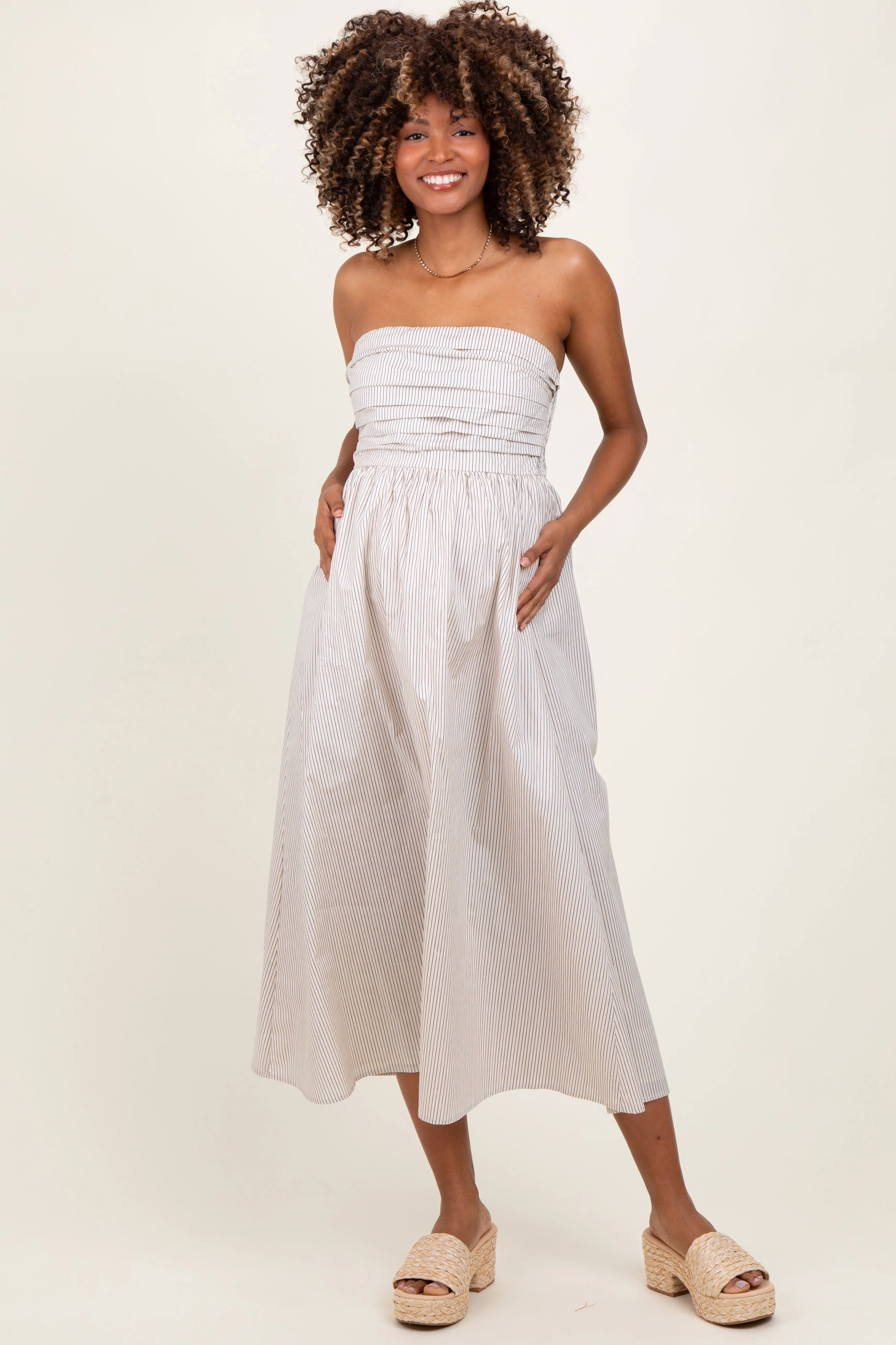 Cream Tube Striped Black Smocking Maternity Maxi Dress sold by Pinkblush