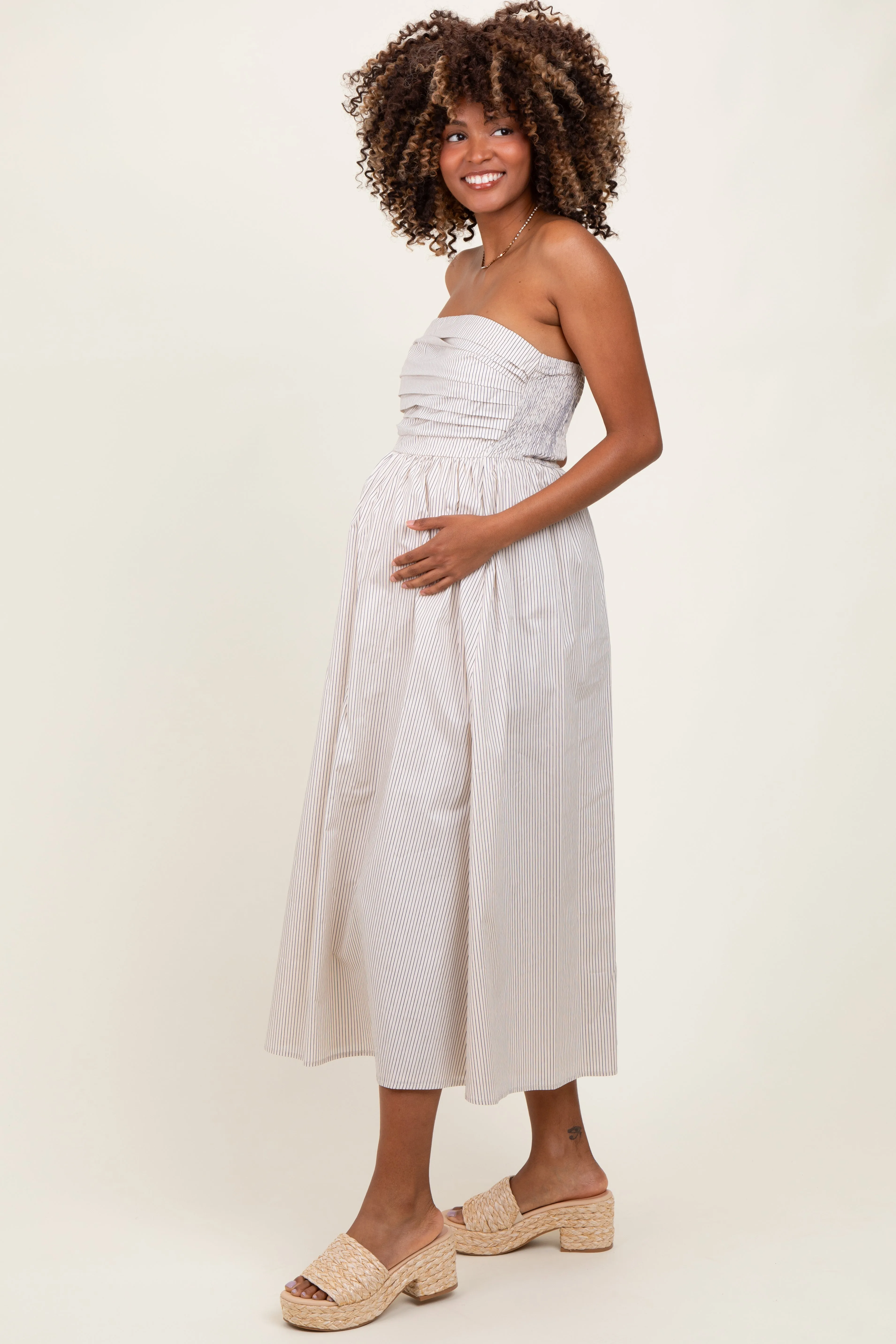 Cream Tube Striped Black Smocking Maternity Maxi Dress sold by Pinkblush product image thumbnail 2