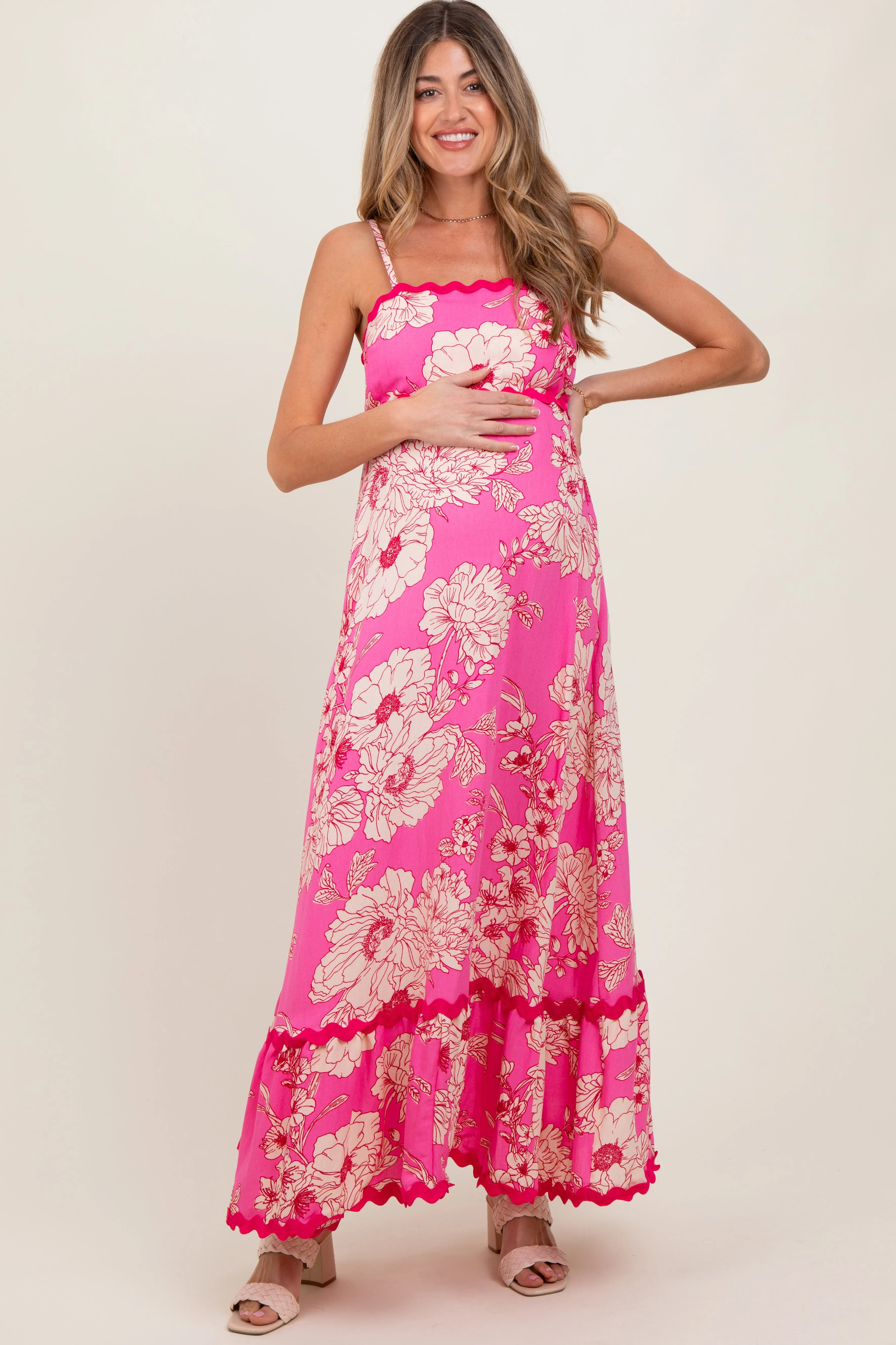 Fuchsia Floral Wavy Trim Maternity Maxi Dress sold by Pinkblush product image thumbnail 2